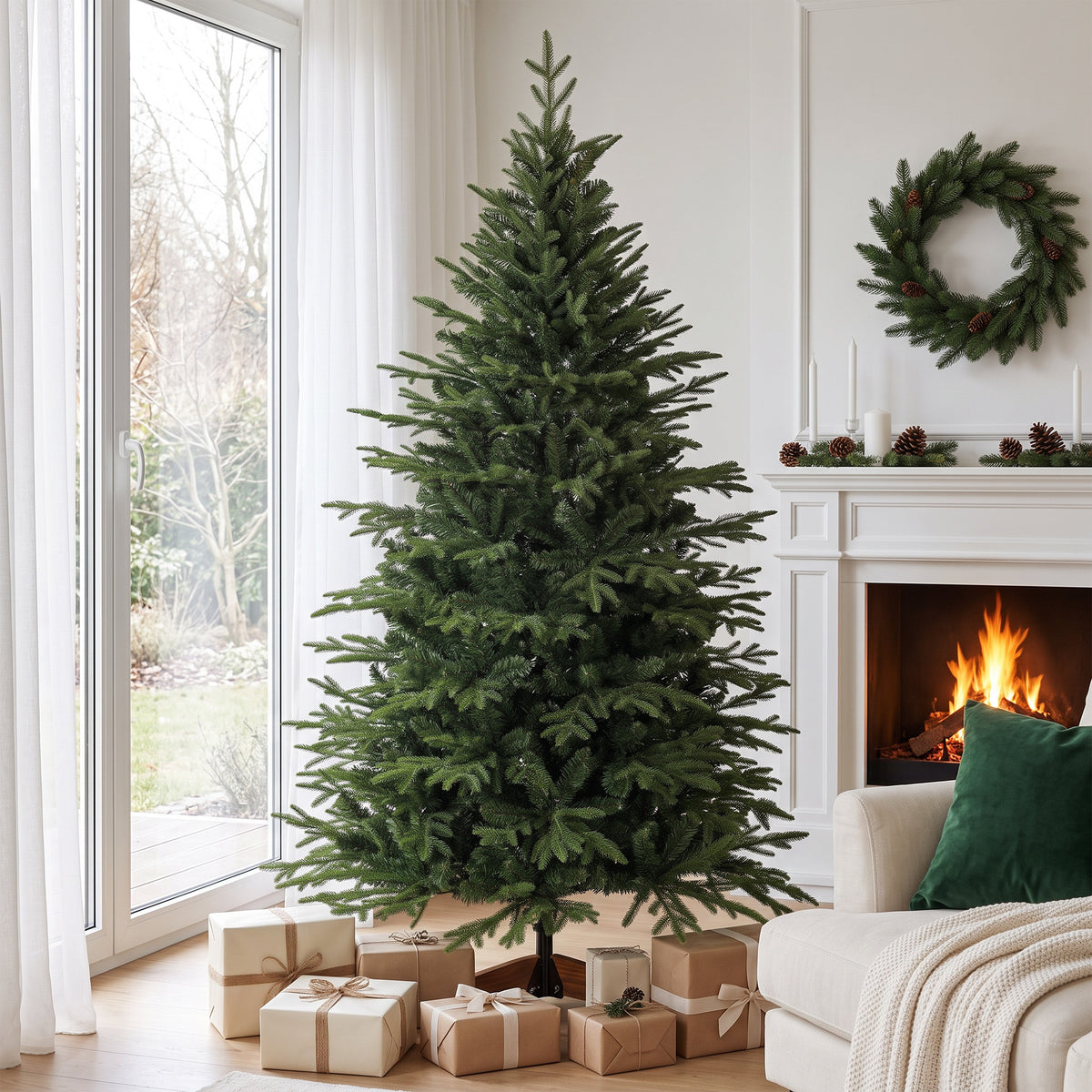 6ft Artificial Christmas Tree, Full Hinged Xmas Tree with 2081 PE & PVC Tips, Solid Pine Wood Stand for Home Office Holiday Decoration, Green