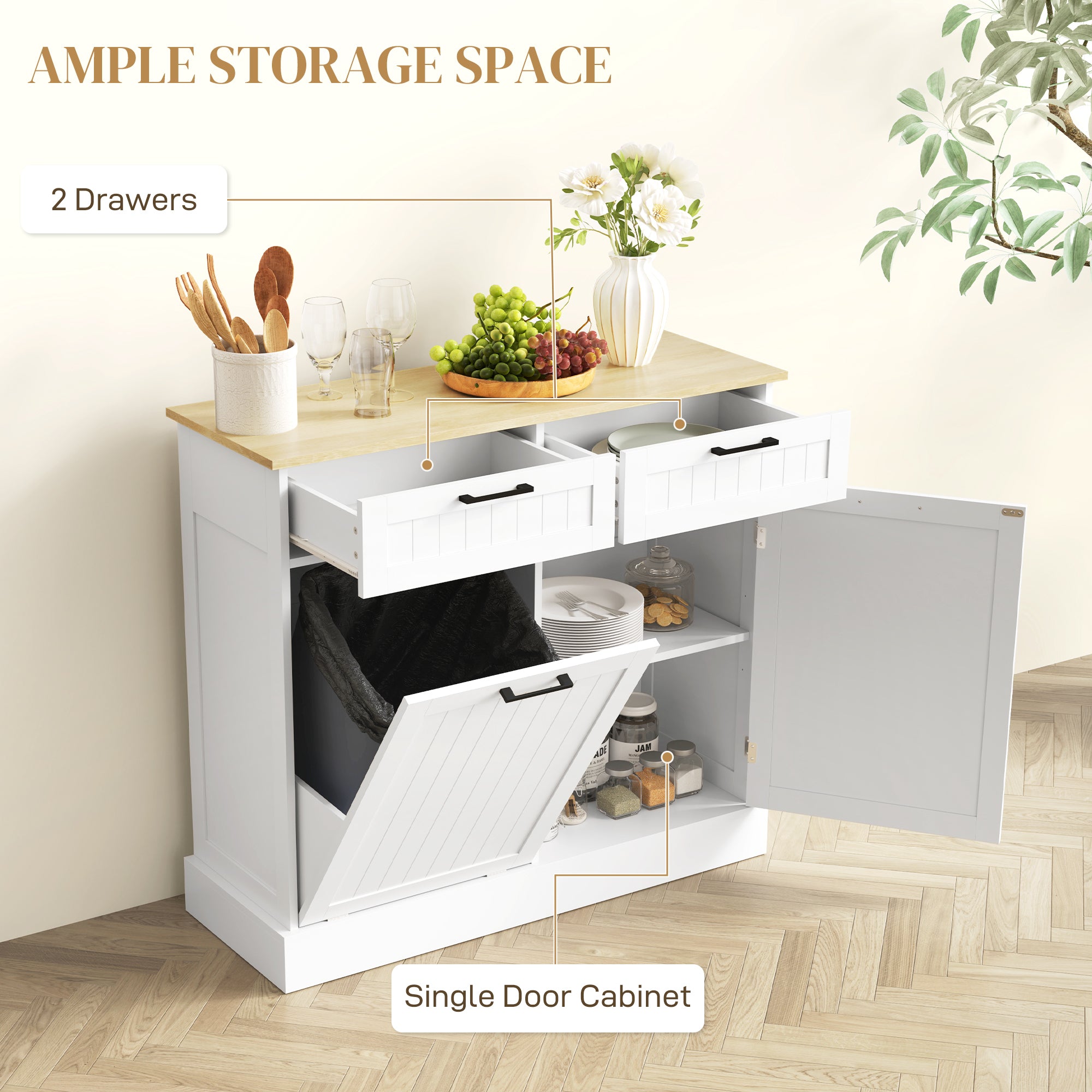 HOMCOM Tilt Out Trash Cabinet, Freestanding Kitchen Island with 2 Drawers, Hidden Garbage Bin Cabinet for Laundry, Hallway, White