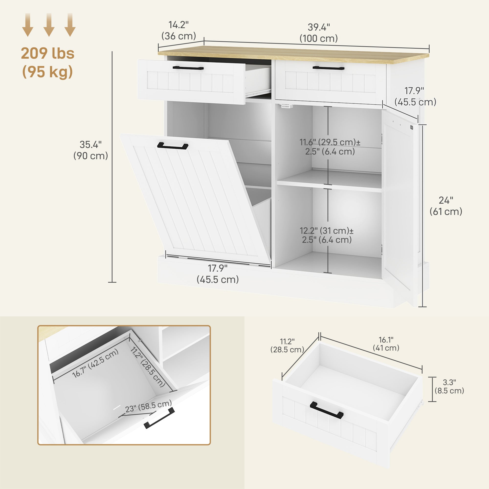 HOMCOM Tilt Out Trash Cabinet, Freestanding Kitchen Island with 2 Drawers, Hidden Garbage Bin Cabinet for Laundry, Hallway, White