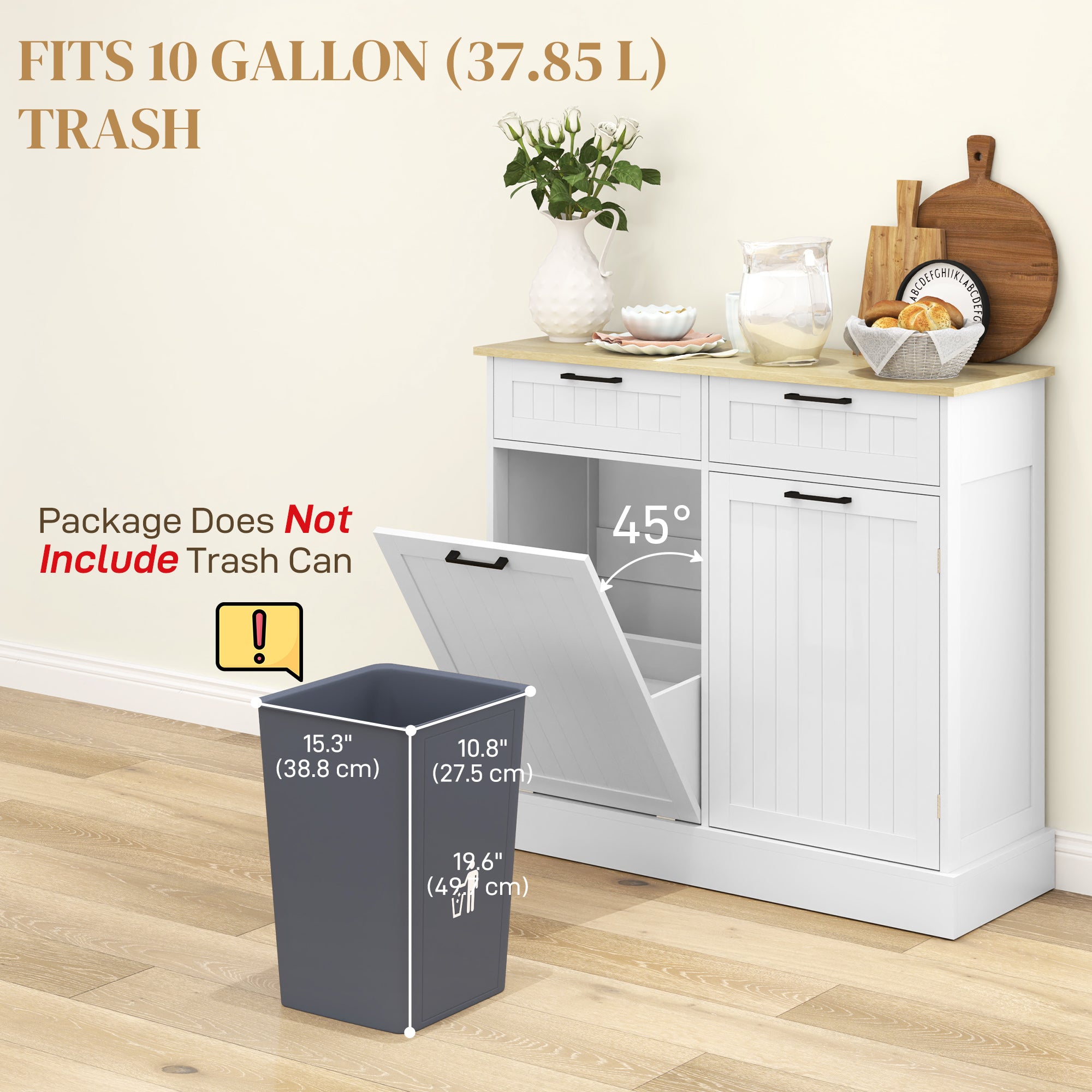 HOMCOM Tilt Out Trash Cabinet, Freestanding Kitchen Island with 2 Drawers, Hidden Garbage Bin Cabinet for Laundry, Hallway, White