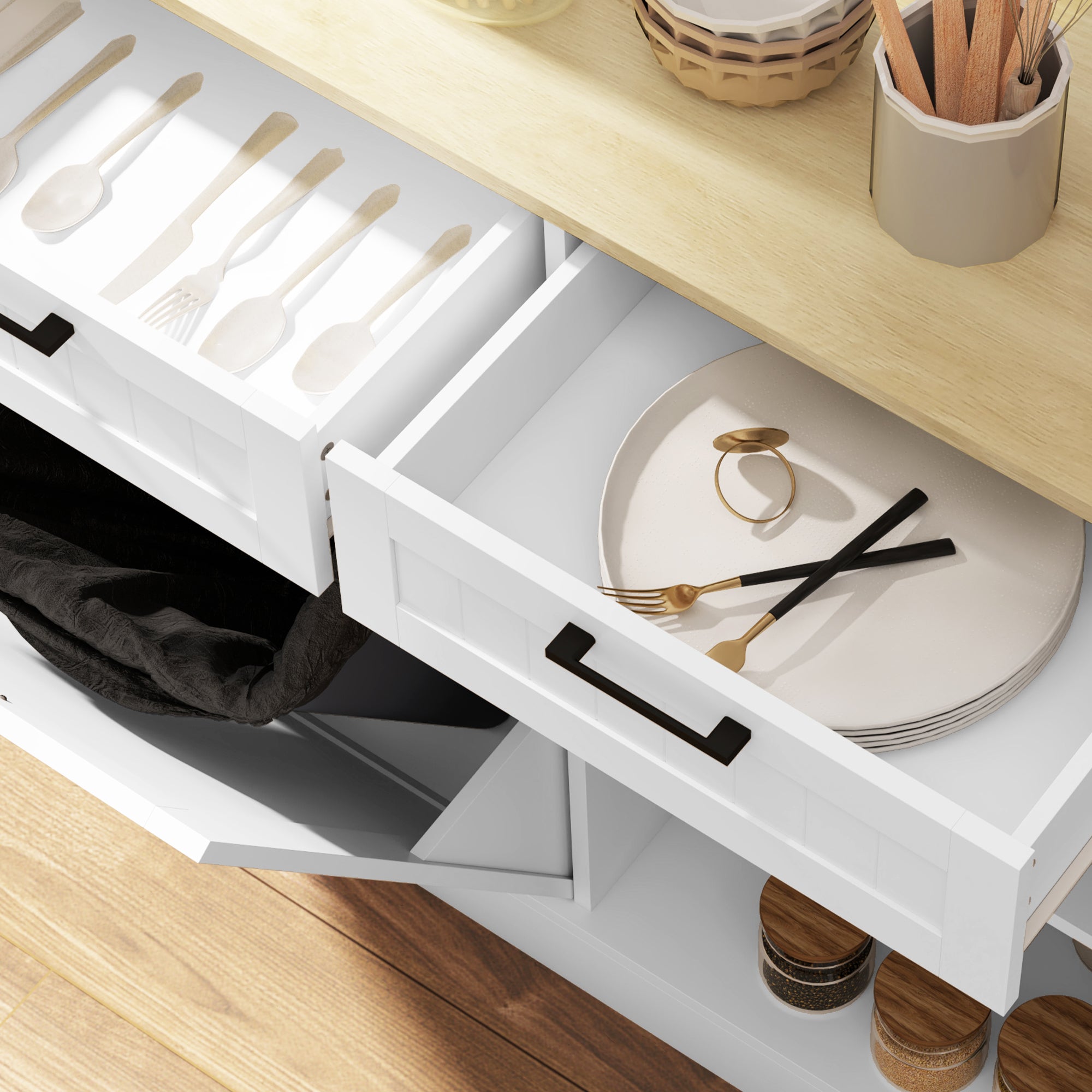 HOMCOM Tilt Out Trash Cabinet, Freestanding Kitchen Island with 2 Drawers, Hidden Garbage Bin Cabinet for Laundry, Hallway, White