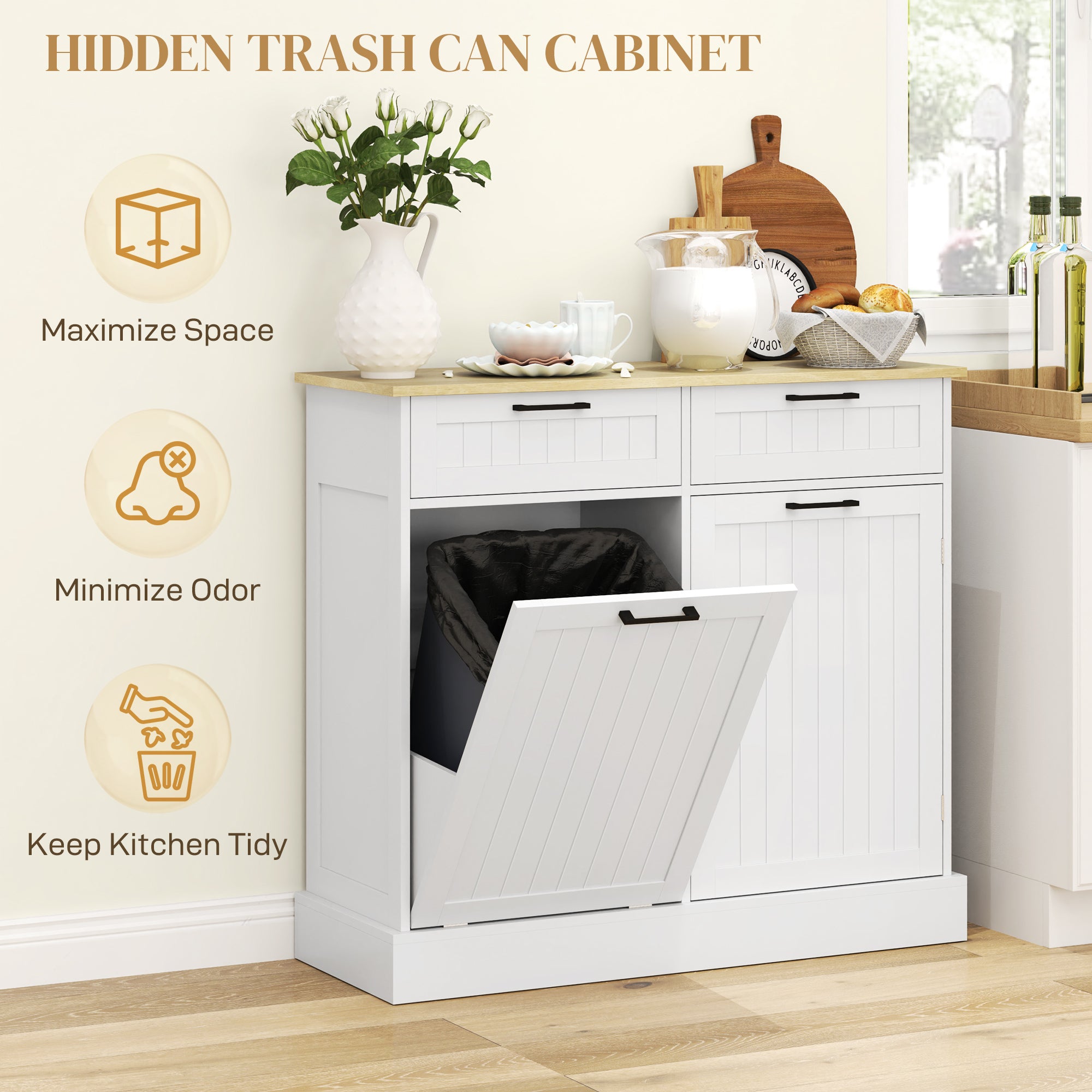 HOMCOM Tilt Out Trash Cabinet, Freestanding Kitchen Island with 2 Drawers, Hidden Garbage Bin Cabinet for Laundry, Hallway, White