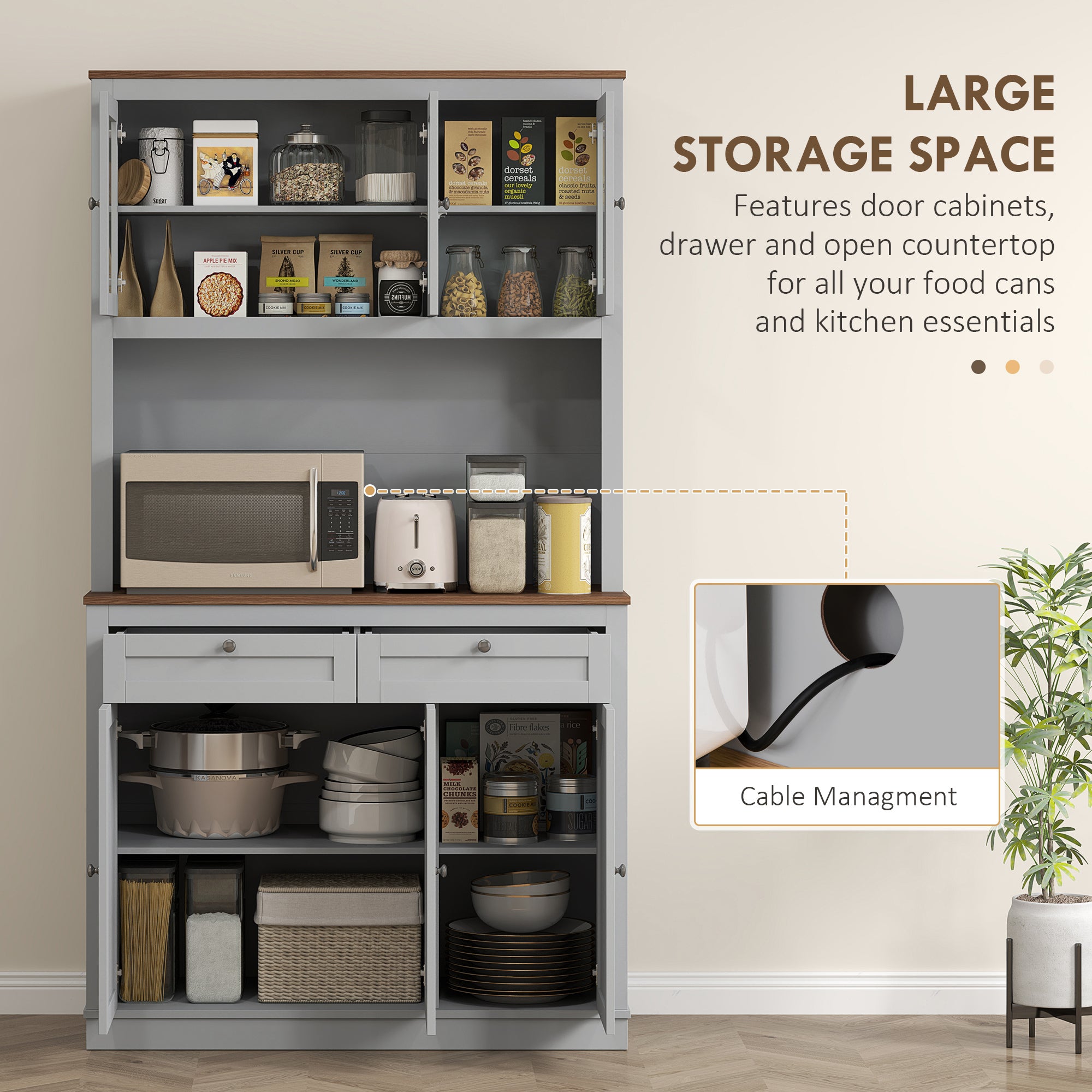 HOMCOM 71" Tall Pantry Cabinet with Microwave Stand, Freestanding Kitchen Hutch with 2 Drawers, Bar Cabinet with Adjustable Shelves, Glass and Recessed Doors for Kitchen, Dining Room, Gray