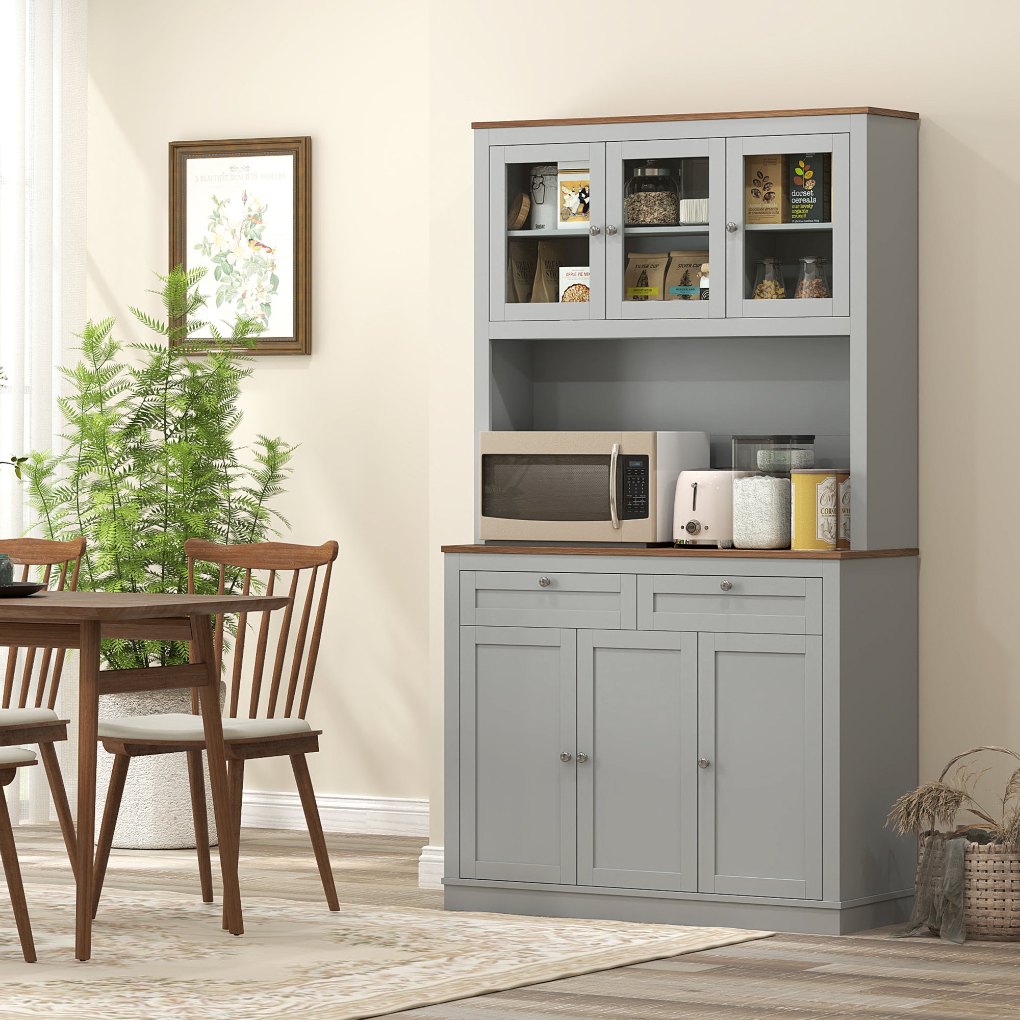 HOMCOM 71" Tall Pantry Cabinet with Microwave Stand, Freestanding Kitchen Hutch with 2 Drawers, Bar Cabinet with Adjustable Shelves, Glass and Recessed Doors for Kitchen, Dining Room, Gray