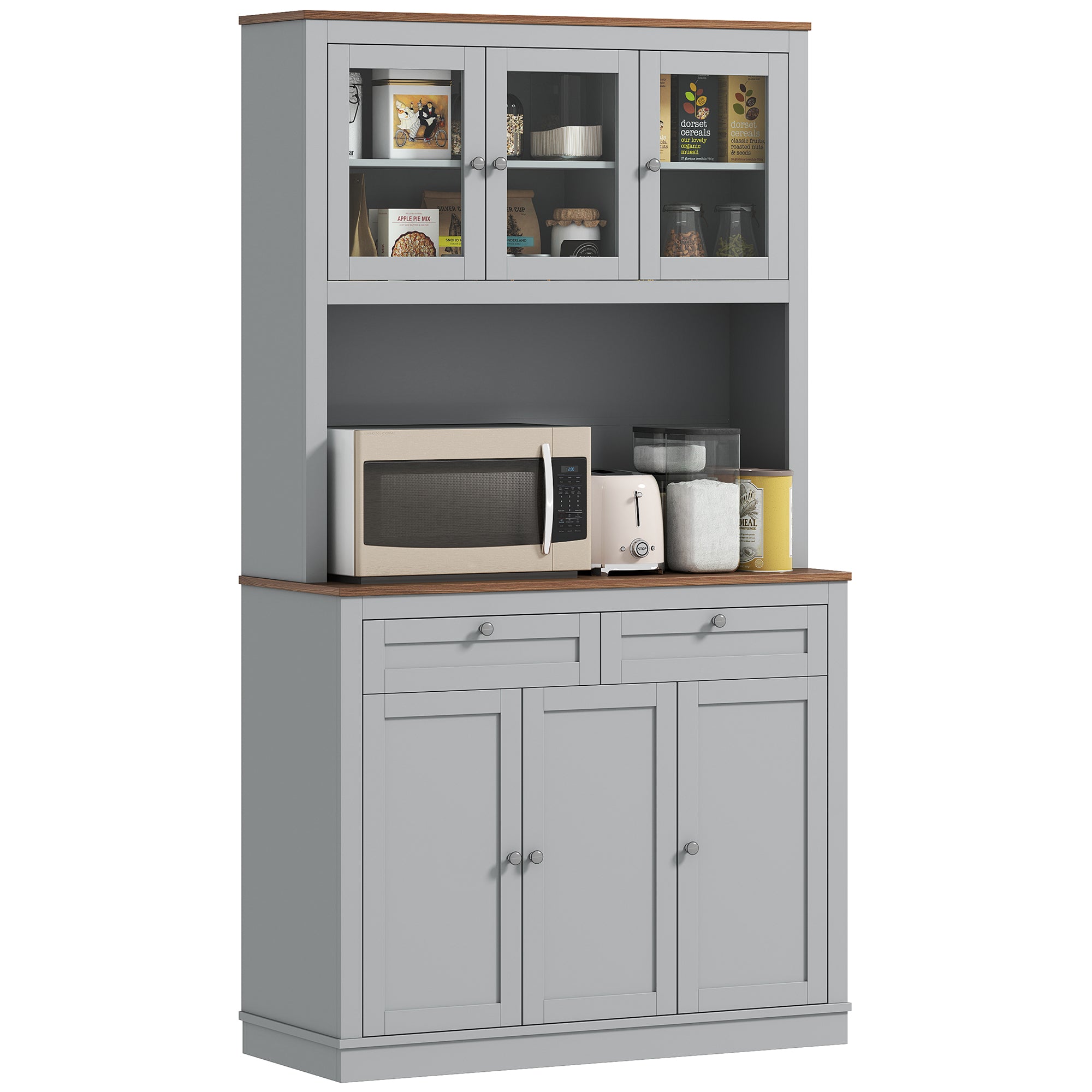 HOMCOM 71" Tall Pantry Cabinet with Microwave Stand, Freestanding Kitchen Hutch with 2 Drawers, Bar Cabinet with Adjustable Shelves, Glass and Recessed Doors for Kitchen, Dining Room, Gray
