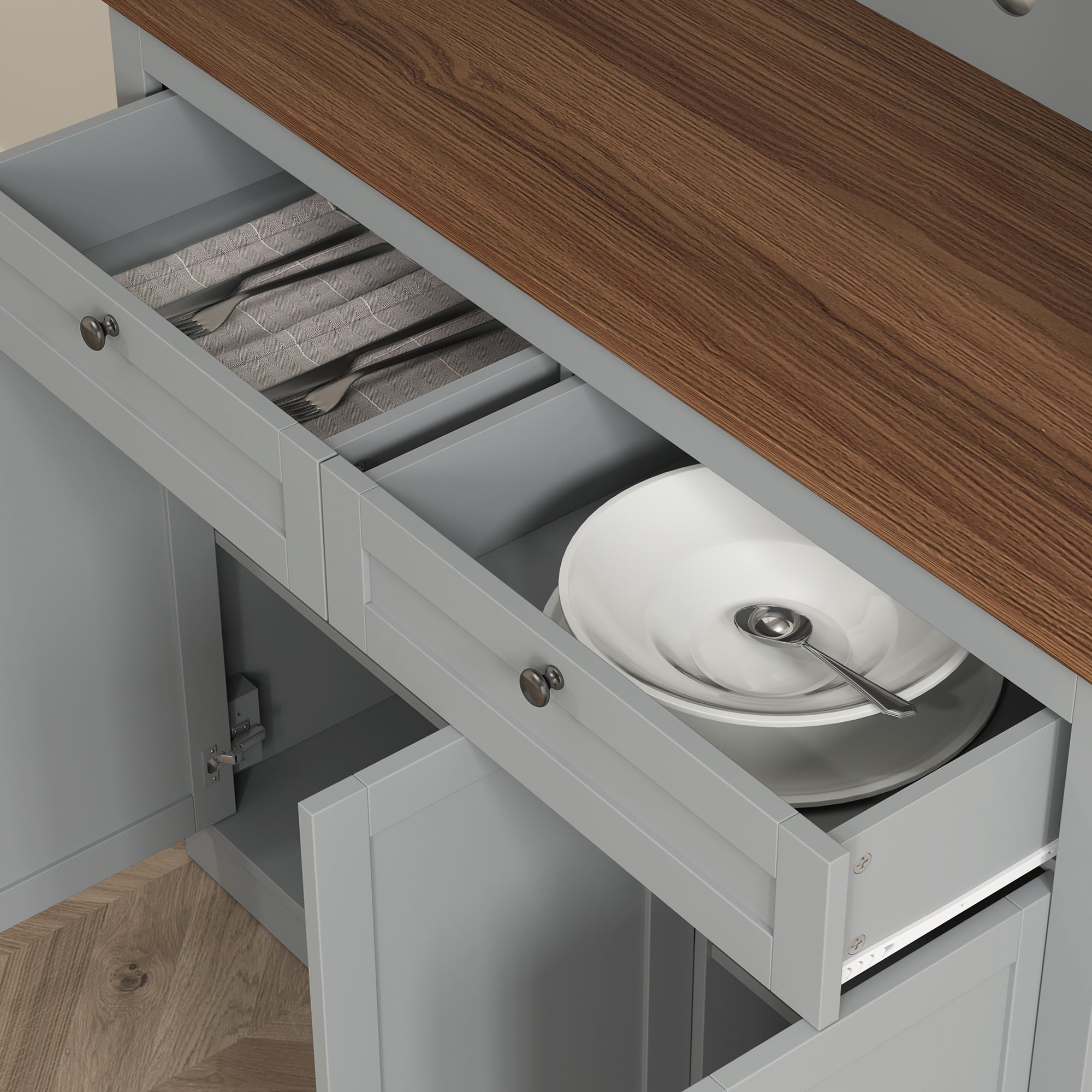 HOMCOM 71" Tall Pantry Cabinet with Microwave Stand, Freestanding Kitchen Hutch with 2 Drawers, Bar Cabinet with Adjustable Shelves, Glass and Recessed Doors for Kitchen, Dining Room, Gray