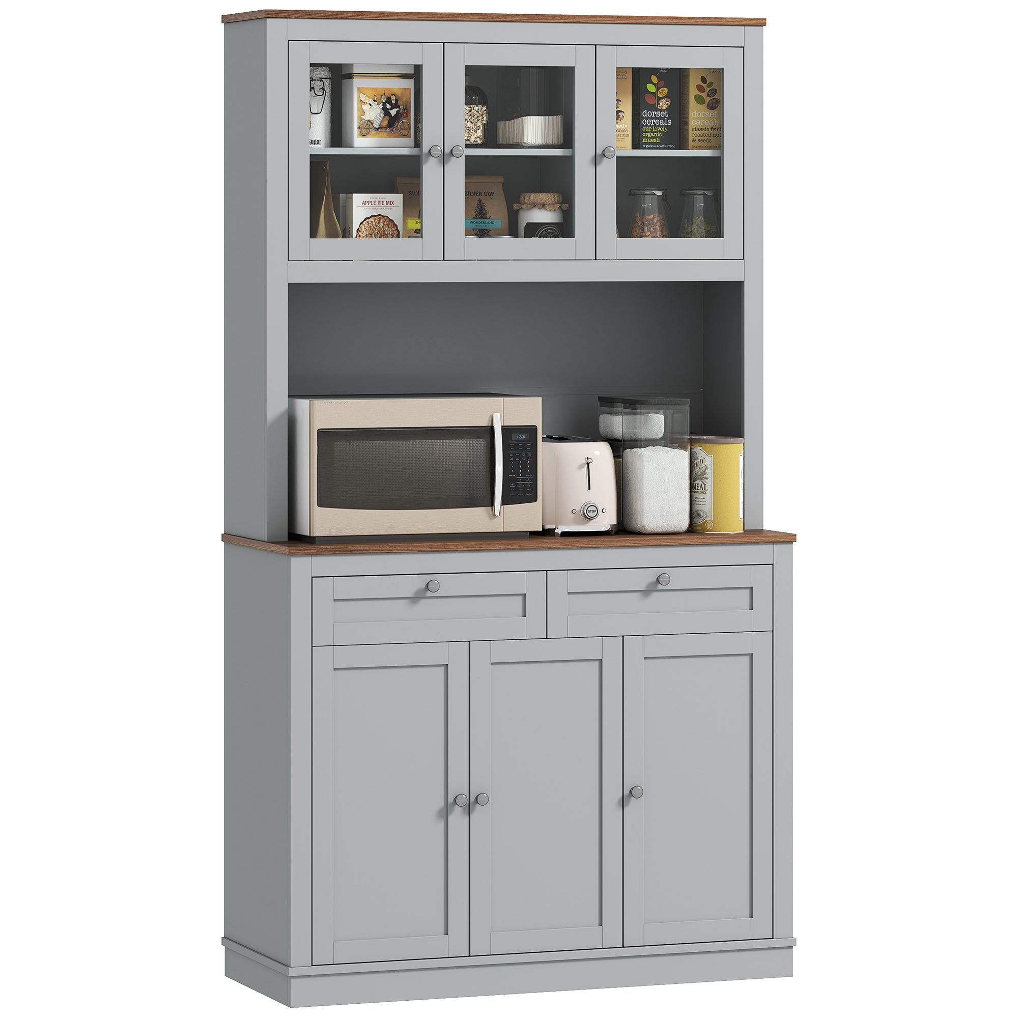 HOMCOM 71" Tall Pantry Cabinet with Microwave Stand, Freestanding Kitchen Hutch with 2 Drawers, Bar Cabinet with Adjustable Shelves, Glass and Recessed Doors for Kitchen, Dining Room, Gray