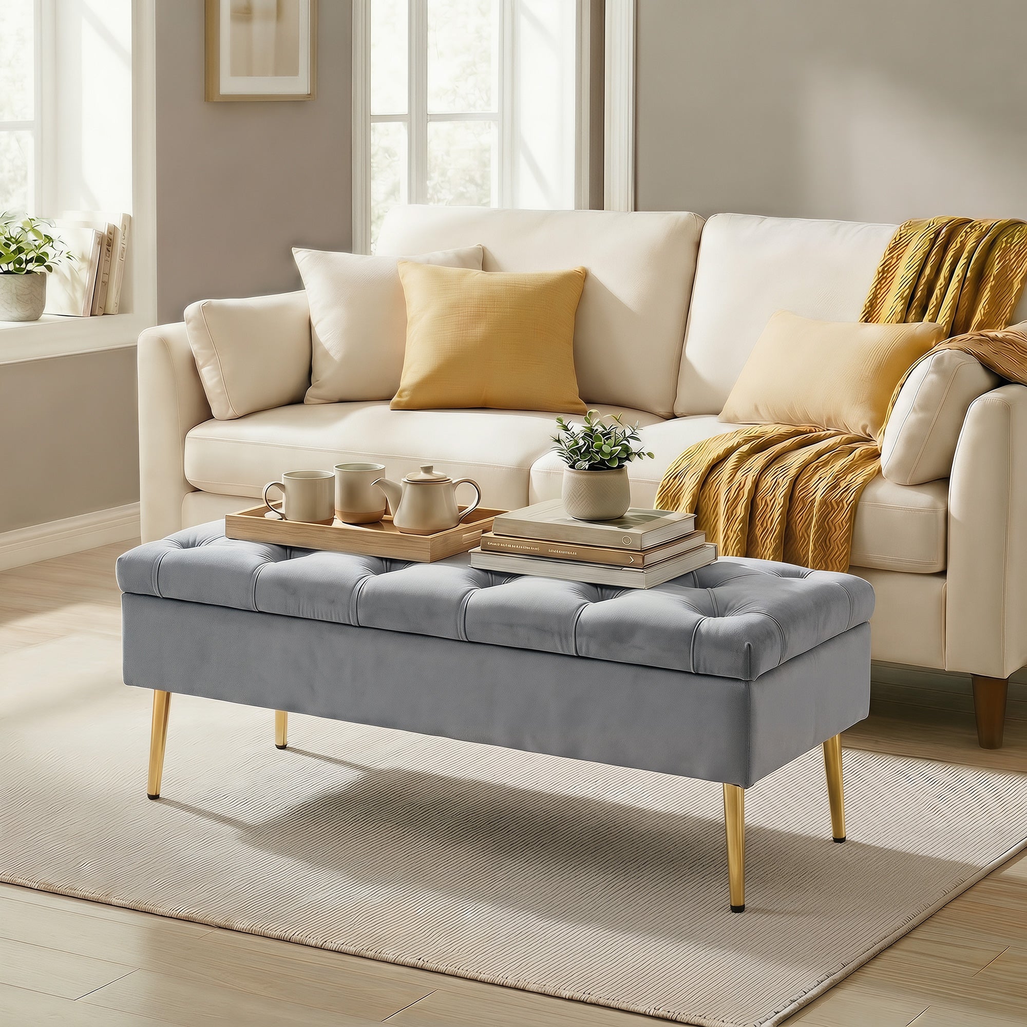 Upholstered Bedroom Bench with Gold Tone Metal Legs, Velvet Button-Tufted Storage Bench, Bench Seat with Thick Padding, Ottoman Bench for Living Room, Hallway, Grey