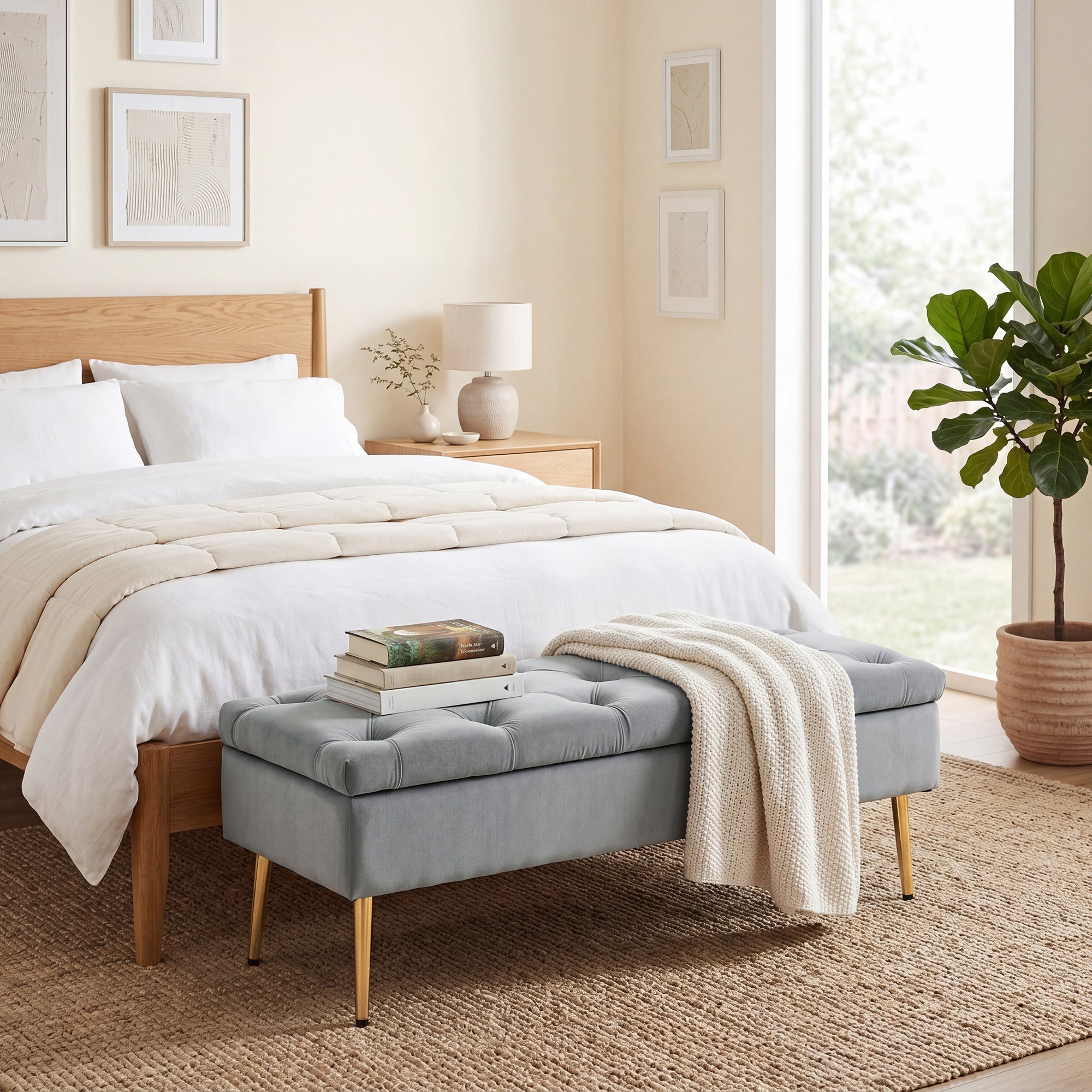 Upholstered Bedroom Bench with Gold Tone Metal Legs, Velvet Button-Tufted Storage Bench, Bench Seat with Thick Padding, Ottoman Bench for Living Room, Hallway, Grey