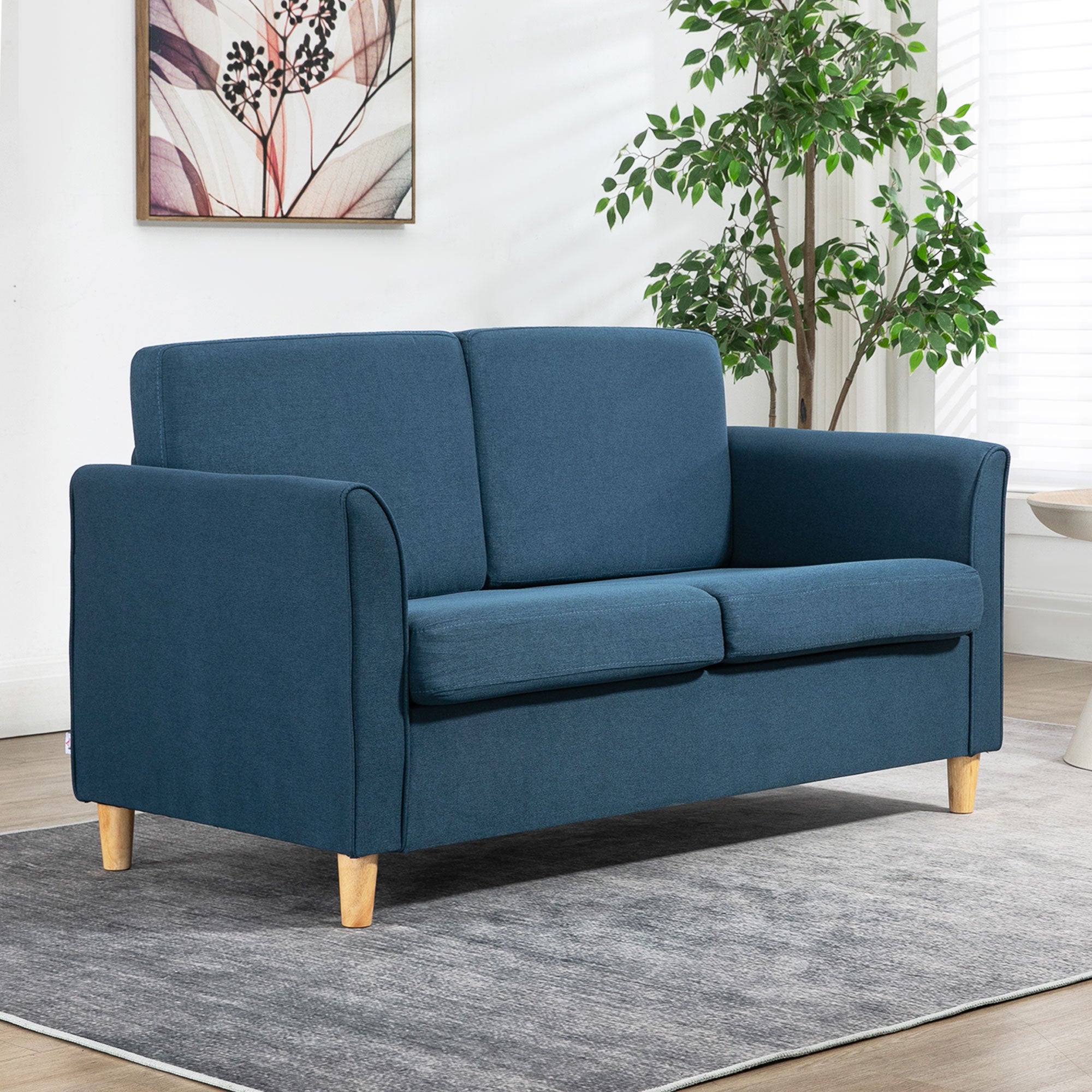 HOMCOM 2 Seater Sofa, Compact Loveseat, Fabric Couch with Wood Legs and Armrest, for Living Room and Home Office Blue