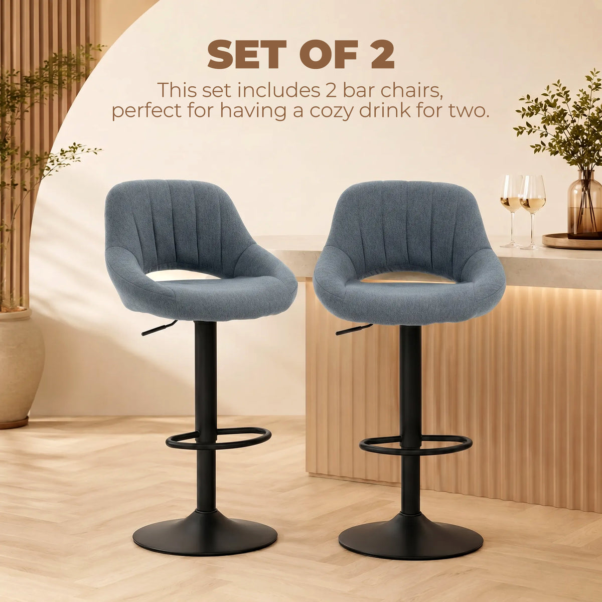 Bar Stools Set of 2, Swivel Counter Height Barstools with Adjustable Height and Cutout Back, Linen Upholstered Bar Chairs with Round Metal Base and Footrest, Dark Grey