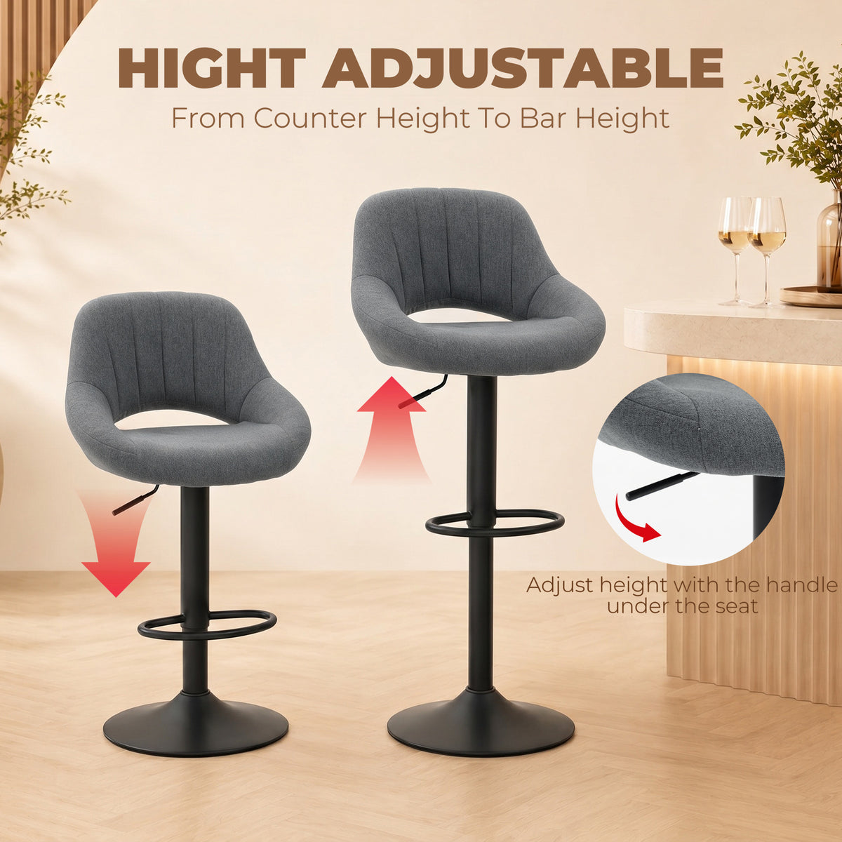 Bar Stools Set of 2, Swivel Counter Height Barstools with Adjustable Height and Cutout Back, Linen Upholstered Bar Chairs with Round Metal Base and Footrest, Dark Grey