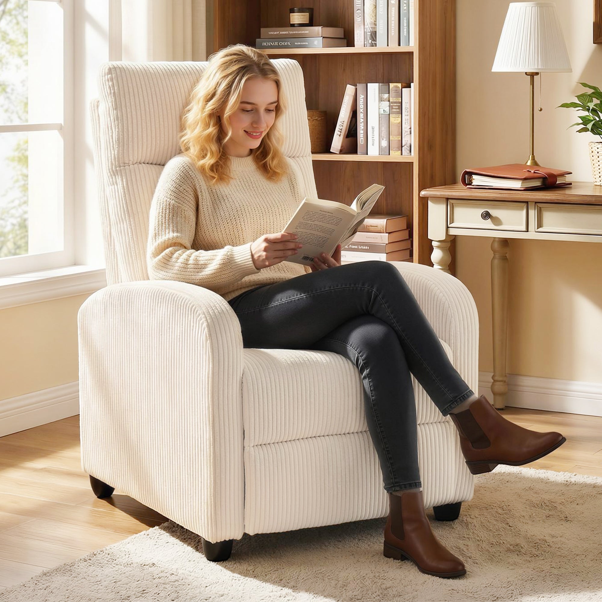 Push Back Recliner Chair, Corduroy Fabric Home Theater Seating, Single Reclining Sofa Chair with Padded Seat for Living Room, Beige