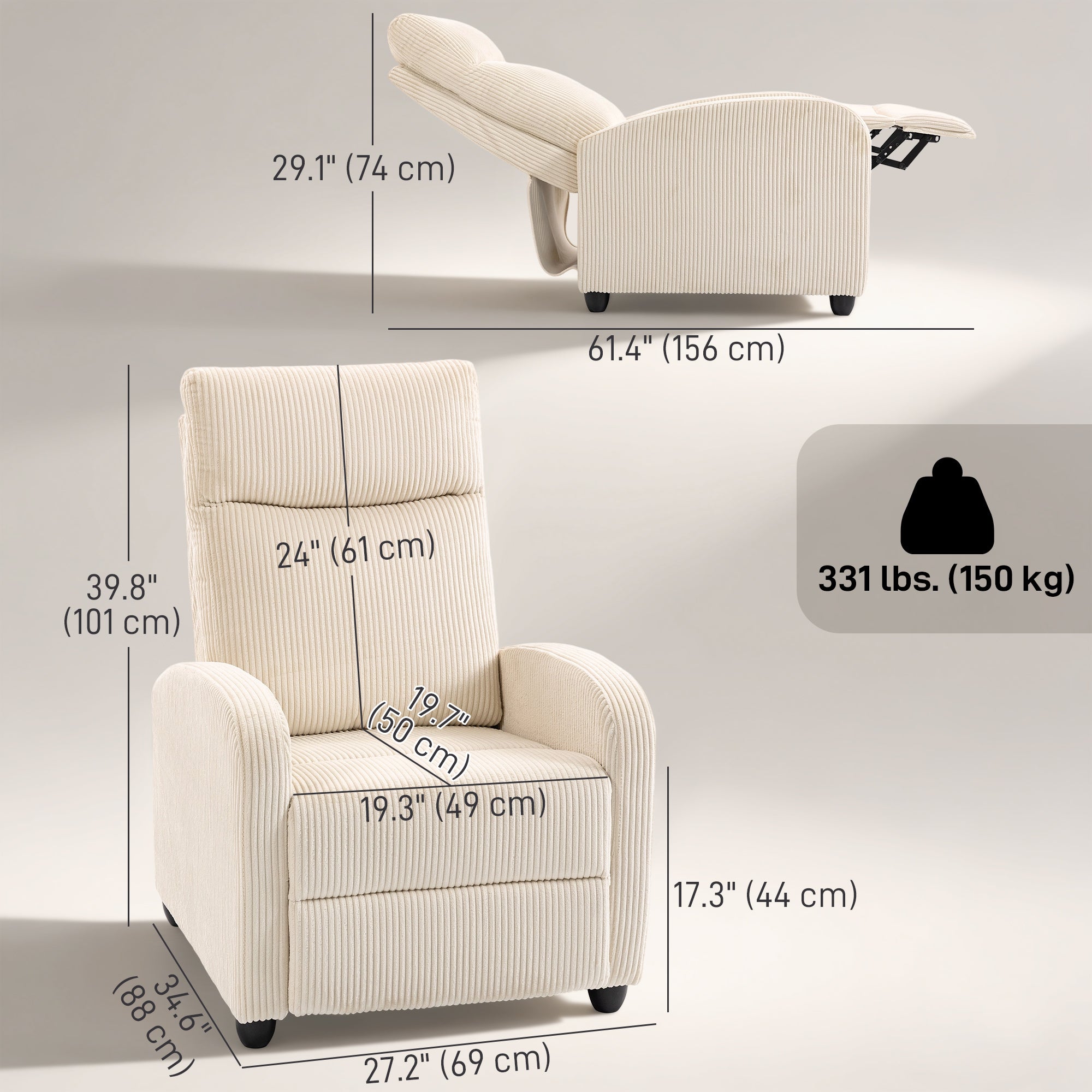 Push Back Recliner Chair, Corduroy Fabric Home Theater Seating, Single Reclining Sofa Chair with Padded Seat for Living Room, Beige
