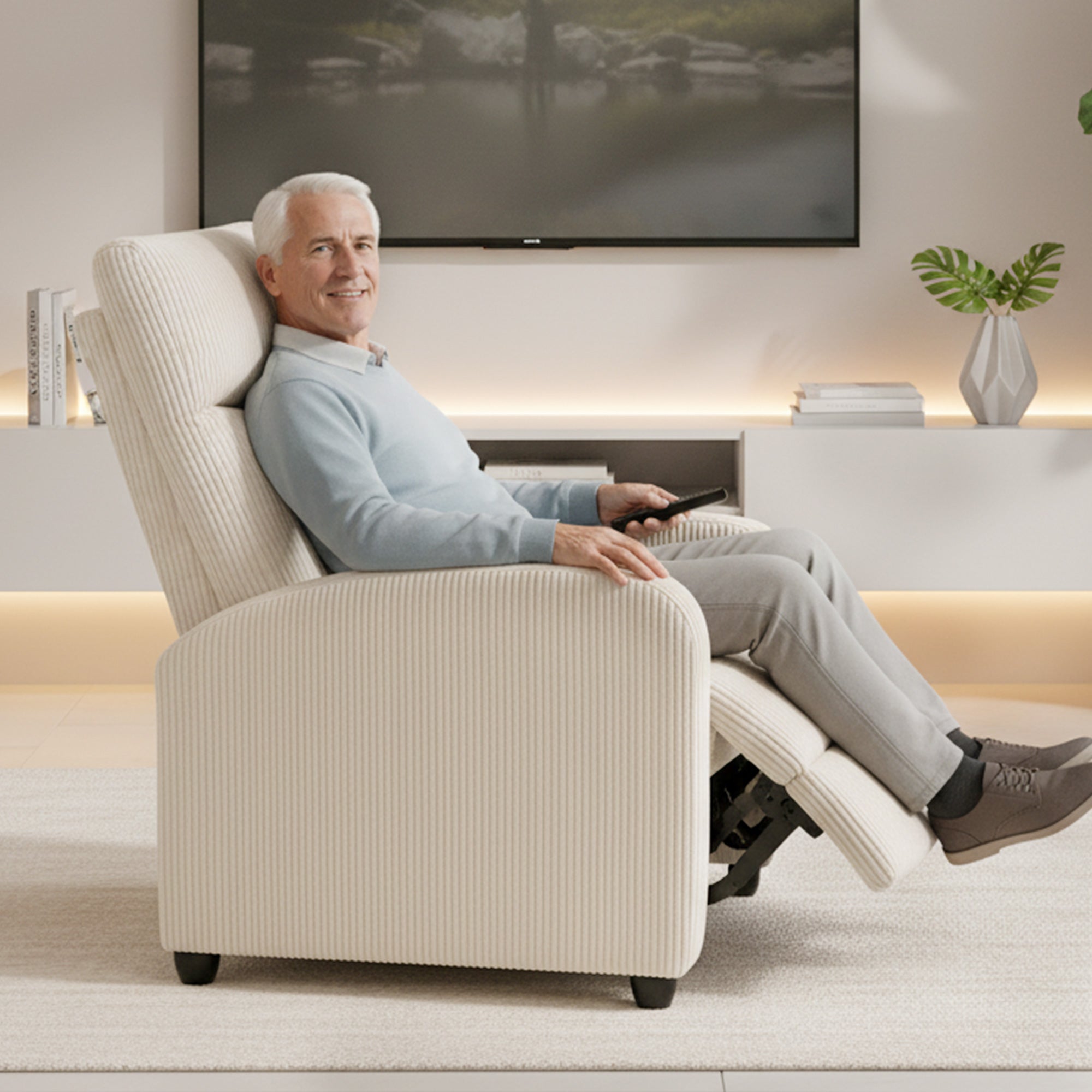 Push Back Recliner Chair, Corduroy Fabric Home Theater Seating, Single Reclining Sofa Chair with Padded Seat for Living Room, Beige