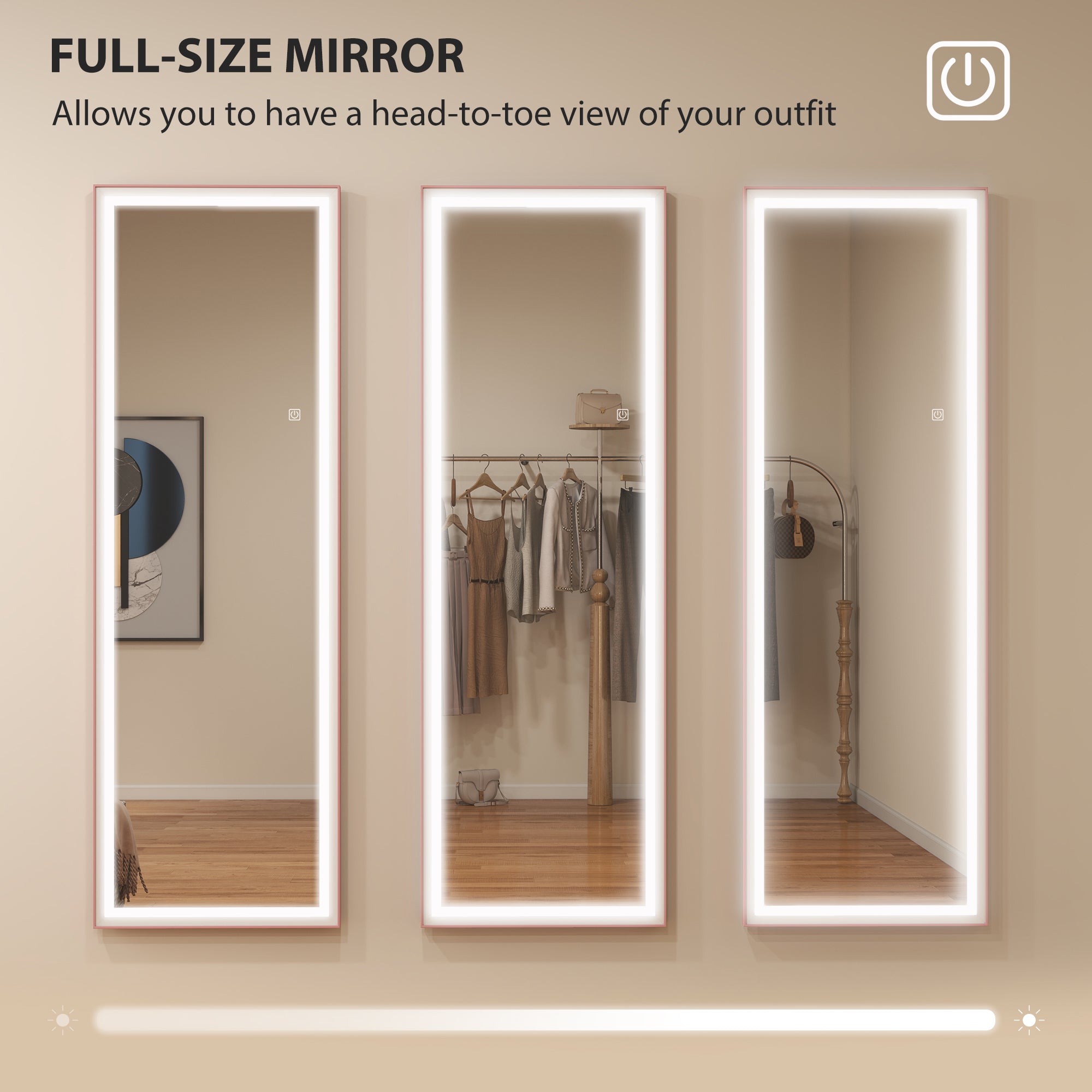 Full Length Mirror with Lights, 64" x 21" LED Full Body Mirror with Dimming and 3 Colour Lighting, Free Standing, Leaning or Wall Mount for Bedroom, Living Room, Pink