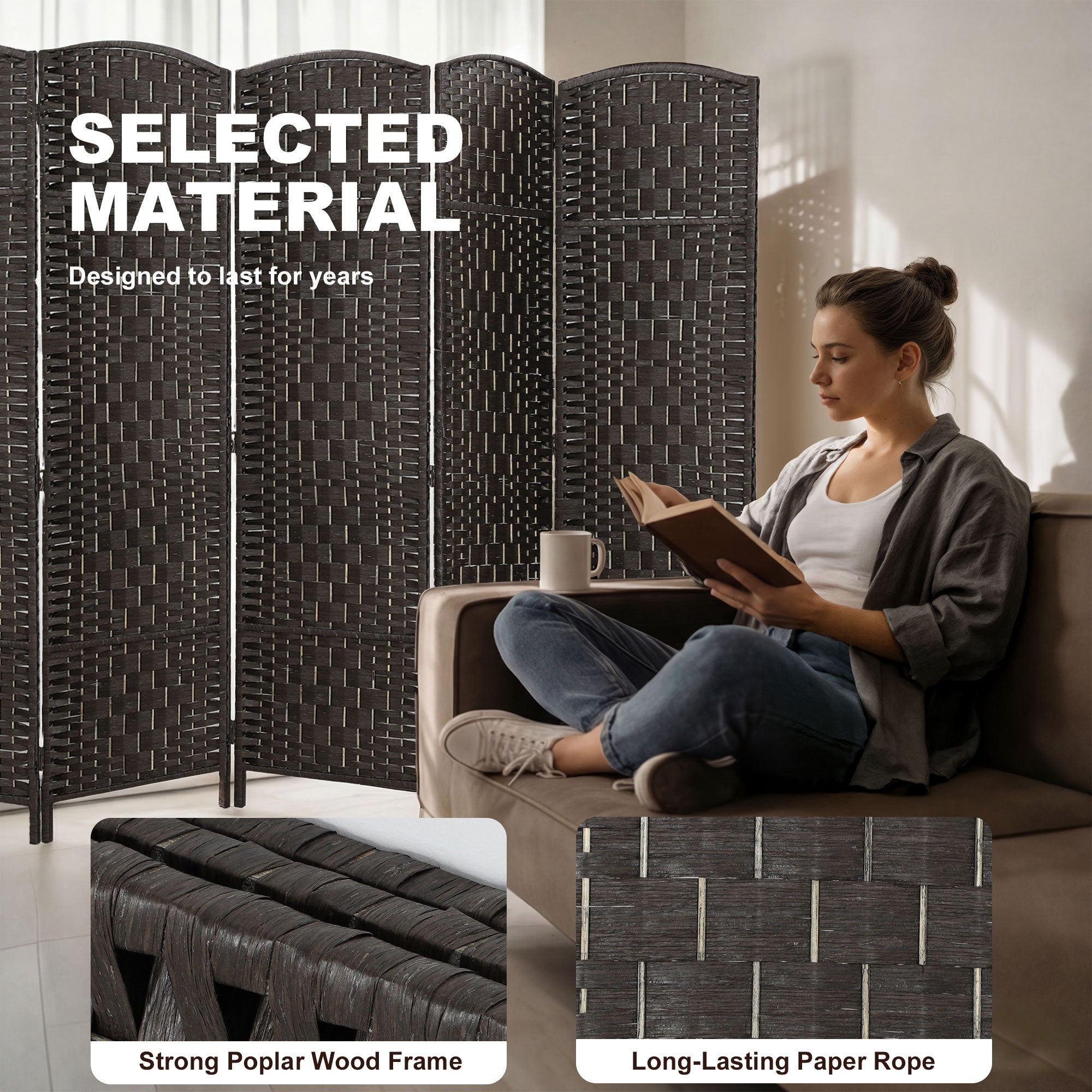 Room Divider, 6 Panel Folding Privacy Screen, 6FT Tall Portable Wicker Weave Partition Wall Divider for Bedroom, Home Office, Coffee