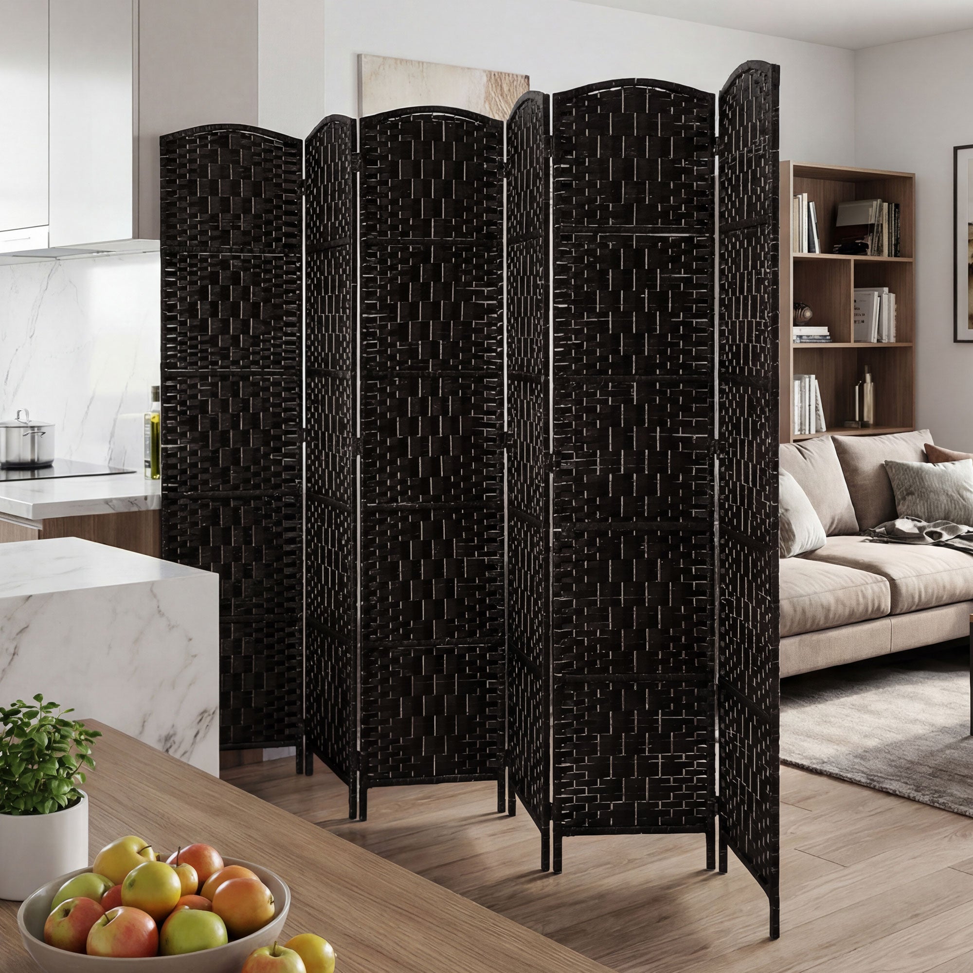 Room Divider, 6 Panel Folding Privacy Screen, 6FT Tall Portable Wicker Weave Partition Wall Divider for Bedroom, Home Office, Coffee