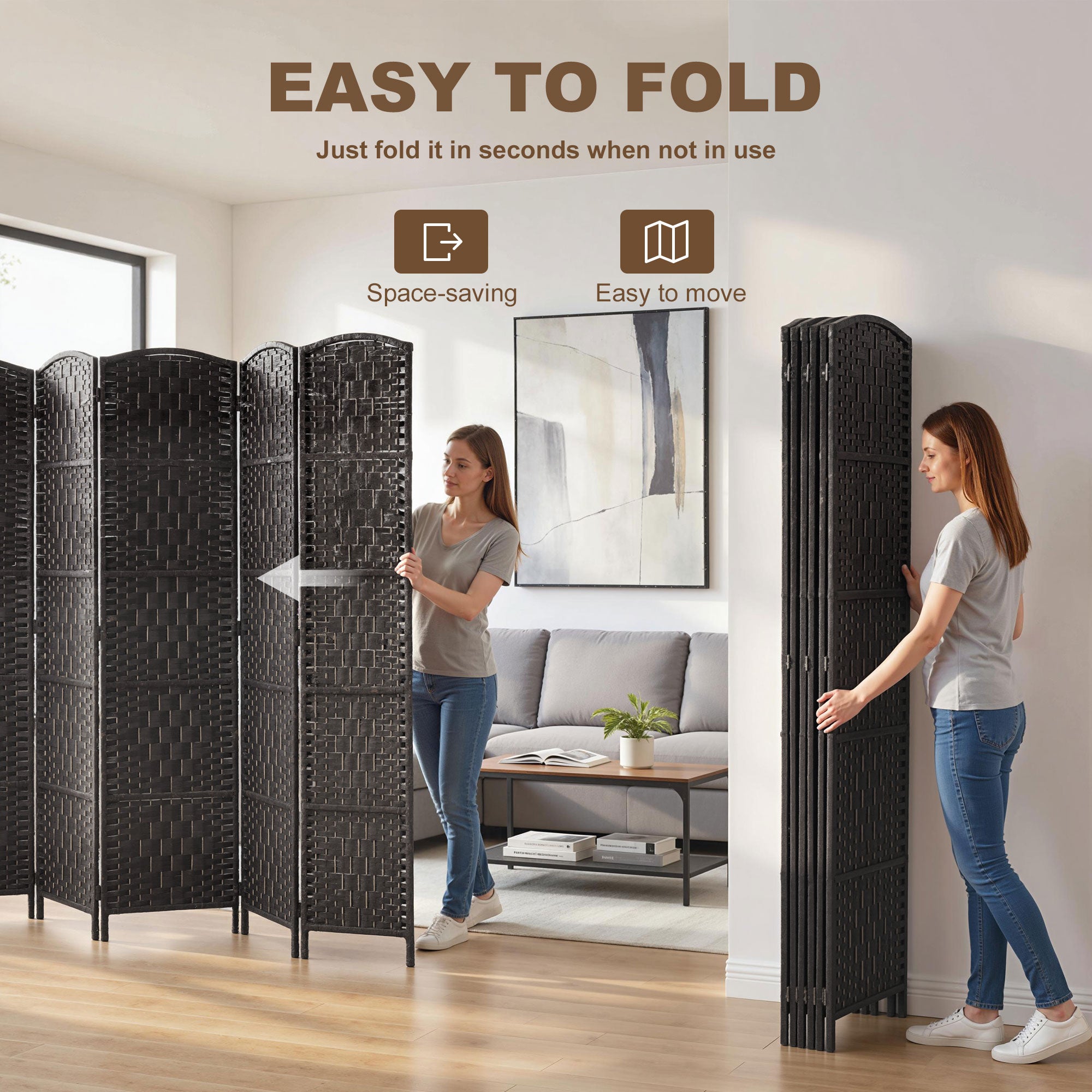 Room Divider, 6 Panel Folding Privacy Screen, 6FT Tall Portable Wicker Weave Partition Wall Divider for Bedroom, Home Office, Coffee