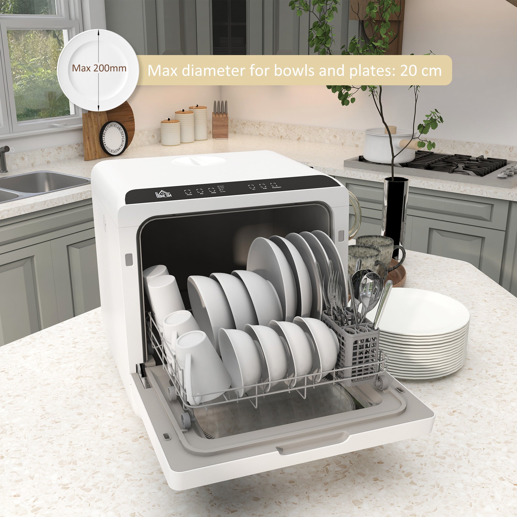 HOMCOM Tabletop Dishwasher, Mini Countertop Dishwasher with 4 Place Settings, 6 Programs, 6L Water Tank, Touch Control, LED Display, Delay Start, Dual Water Supply and Fruit Wash Mode, White