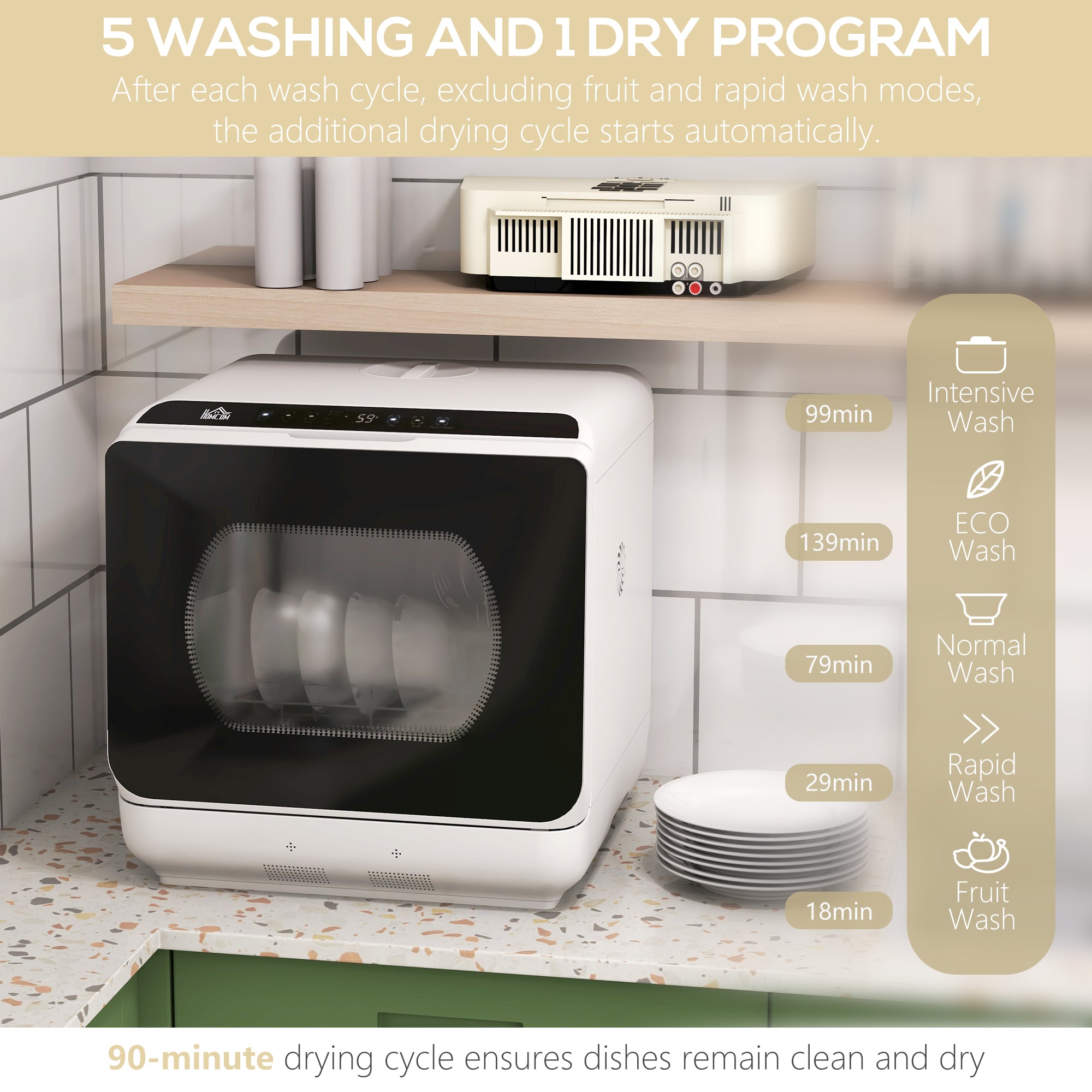 HOMCOM Tabletop Dishwasher, Mini Countertop Dishwasher with 4 Place Settings, 6 Programs, 6L Water Tank, Touch Control, LED Display, Delay Start, Dual Water Supply and Fruit Wash Mode, White