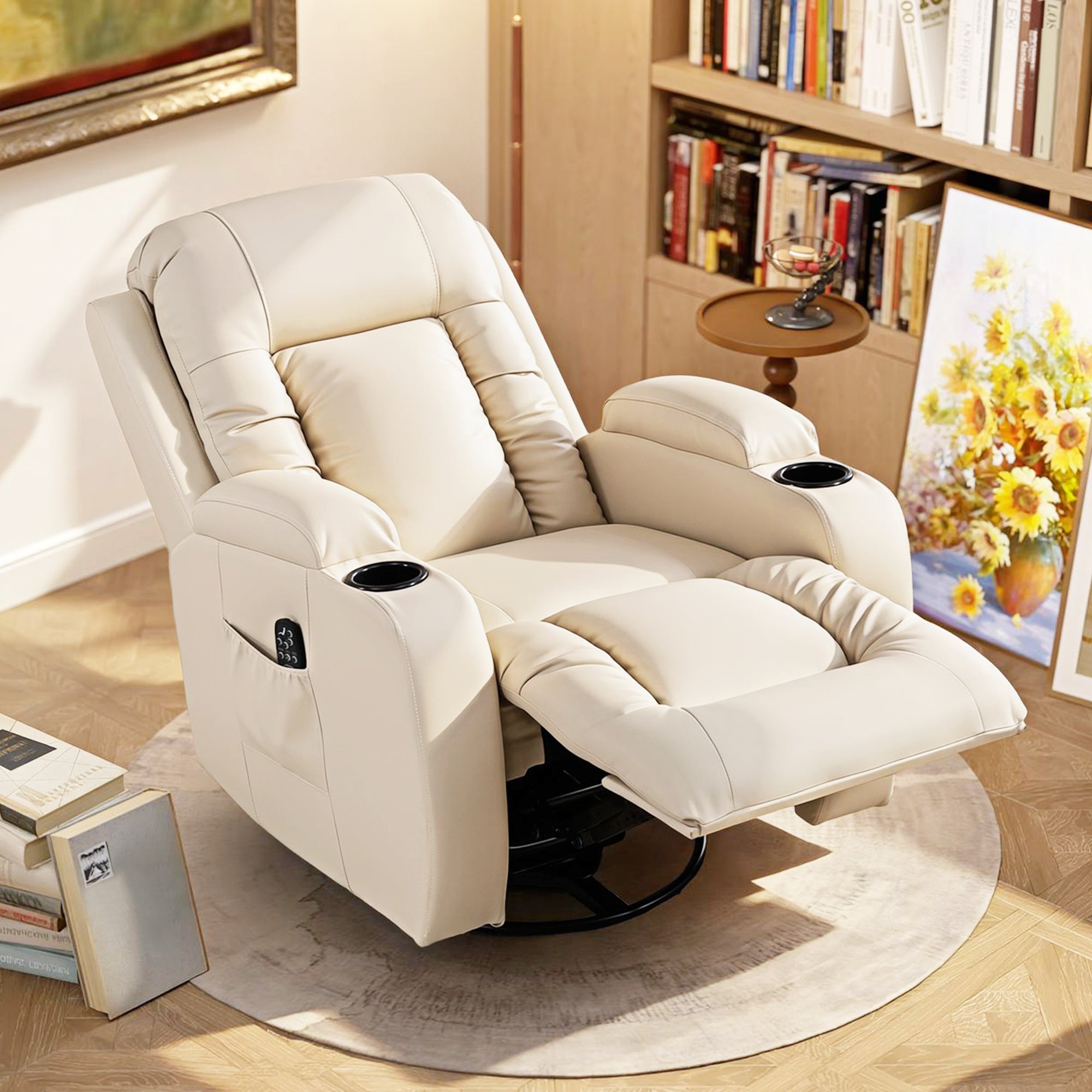 Recliner Armchair with Massage & Heat, PU Leather Recliner Chair with Extended Footrest, Cup Holders and Side Pockets, Swivel Rocking Manual Reclining Chair for Living Room, Cream