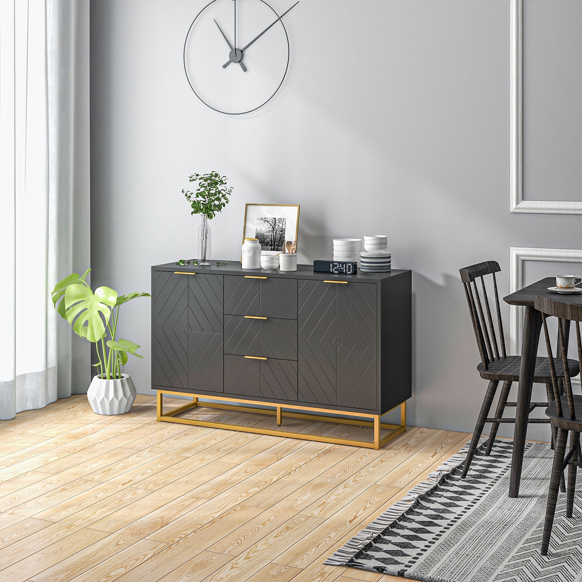 Sideboard for Living Room, Modern Storage Cabinet with 3 Drawers and Adjustable Shelves, Freestanding Cupboard for Dining Room, Kitchen, Black