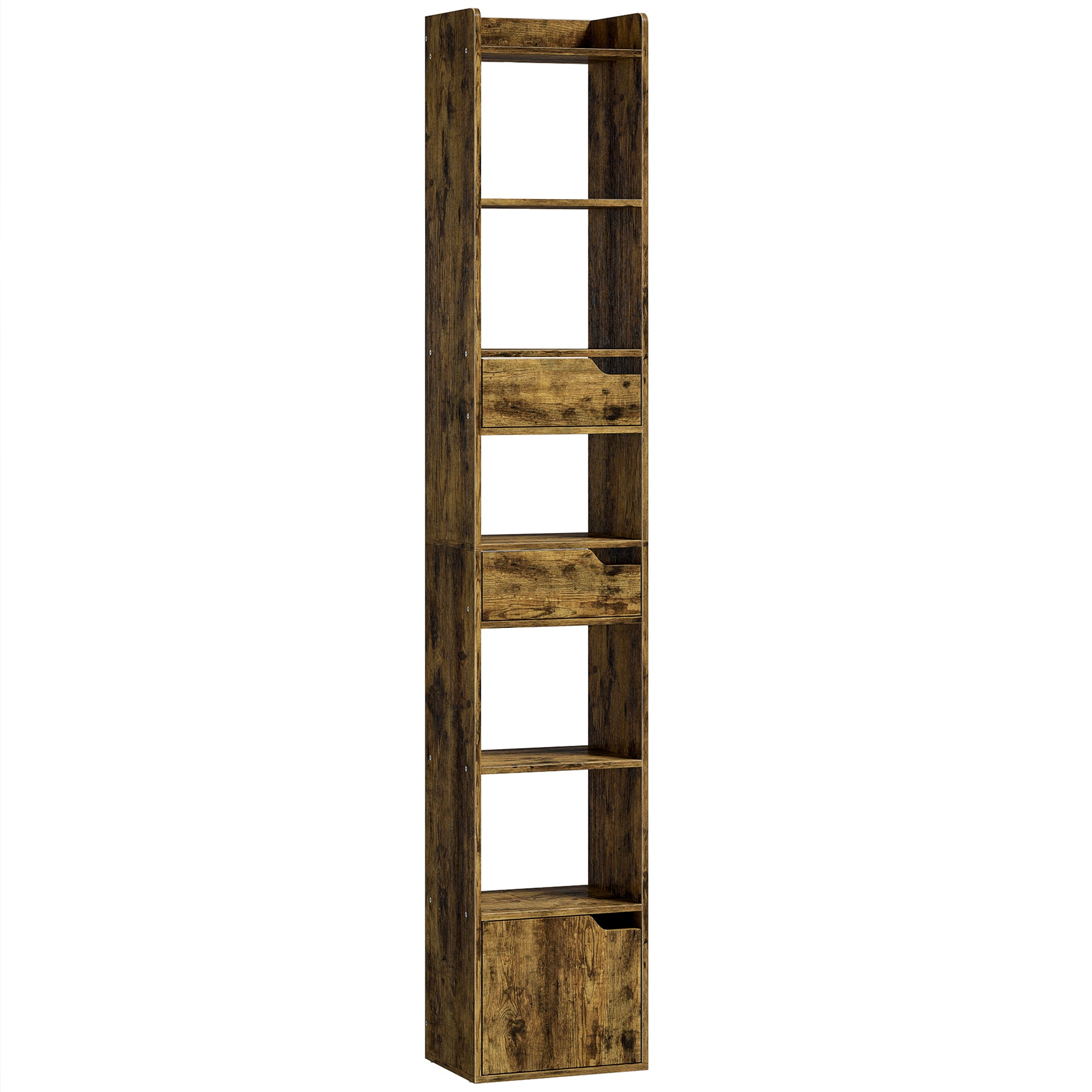 Bookcase with Drawers and Cabinet, 5-Tier Bookshelf, Narrow Tall Storage Cabinet with Anti-Tip for Living Room, Study, Home Office, Rustic Brown