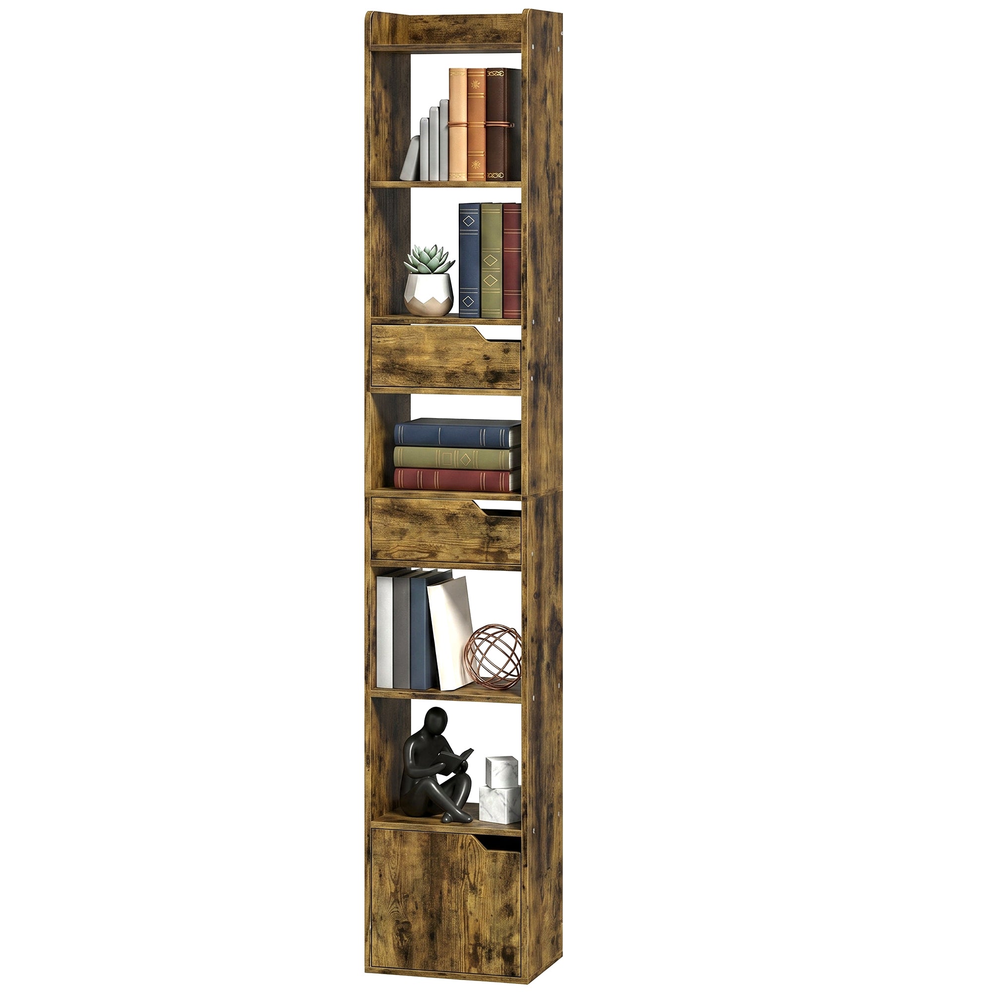 Bookcase with Drawers and Cabinet, 5-Tier Bookshelf, Narrow Tall Storage Cabinet with Anti-Tip for Living Room, Study, Home Office, Rustic Brown