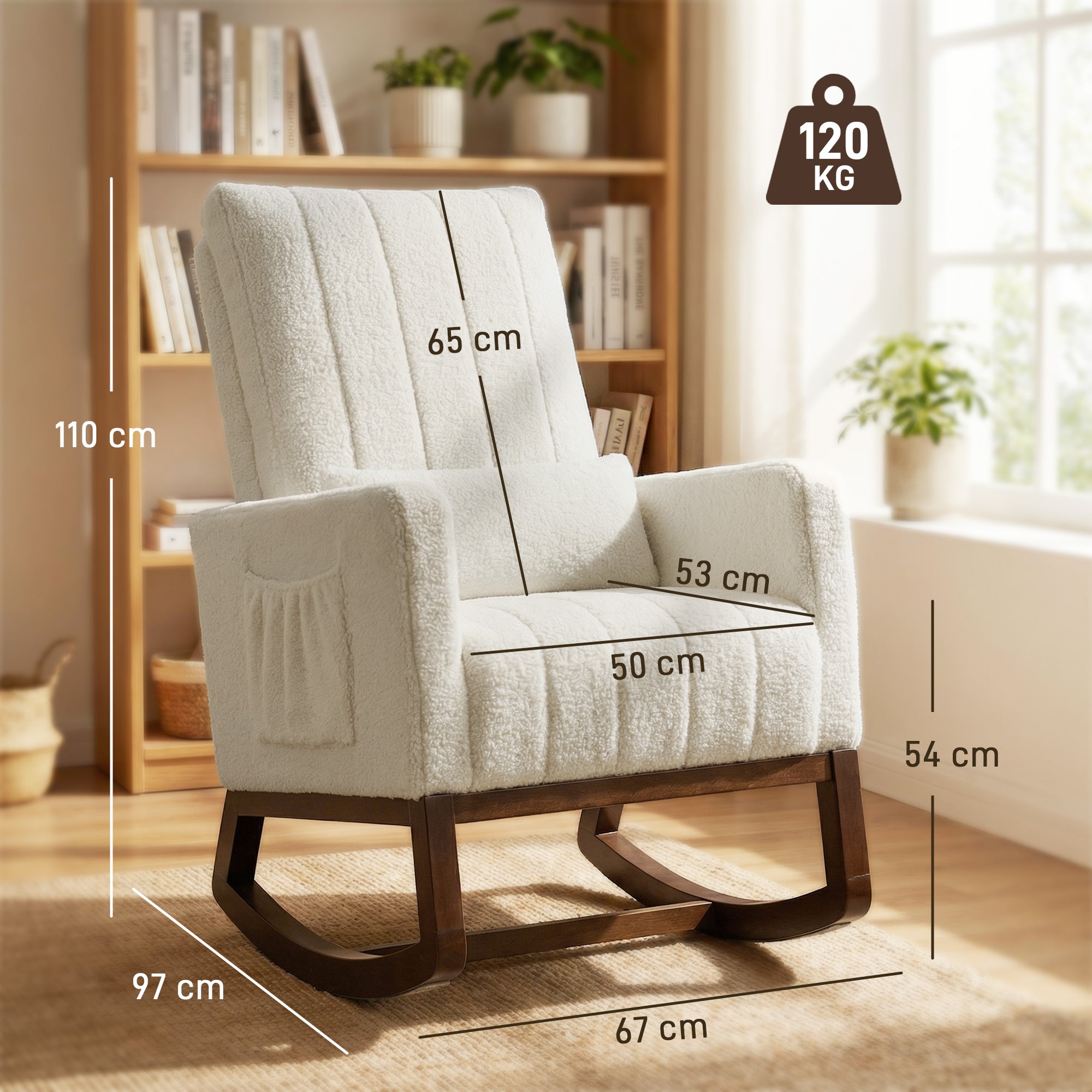 Rocking Chair for Adults, Snow Flannel Upholstered Accent Armchair with Lumbar Pillow, High Back, Wood Base, Side Pockets, Leisure Rocker Lounge Chair for Living Room, Bedroom, Cream White