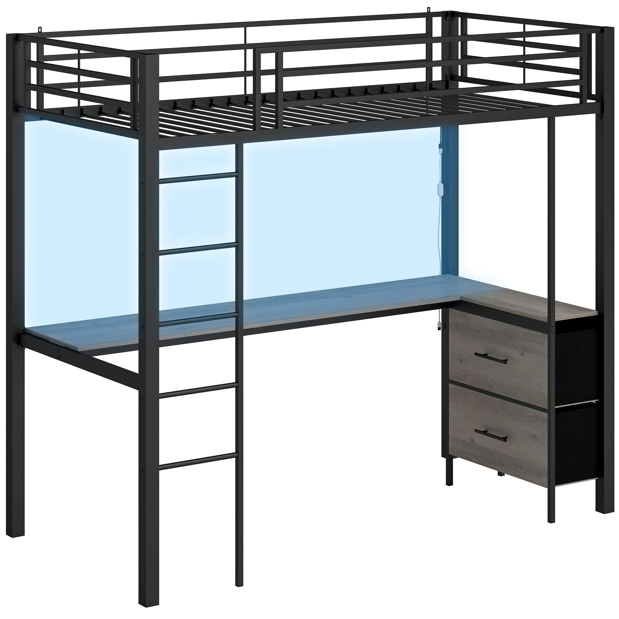 Metal Bunk Bed with Desk, High Sleeper Bed with LED Light and Safety Guardrail, Space-Saving Bedroom Dormitory Single Loft Frame for Teens Adults, No Box Spring Needed, Black
