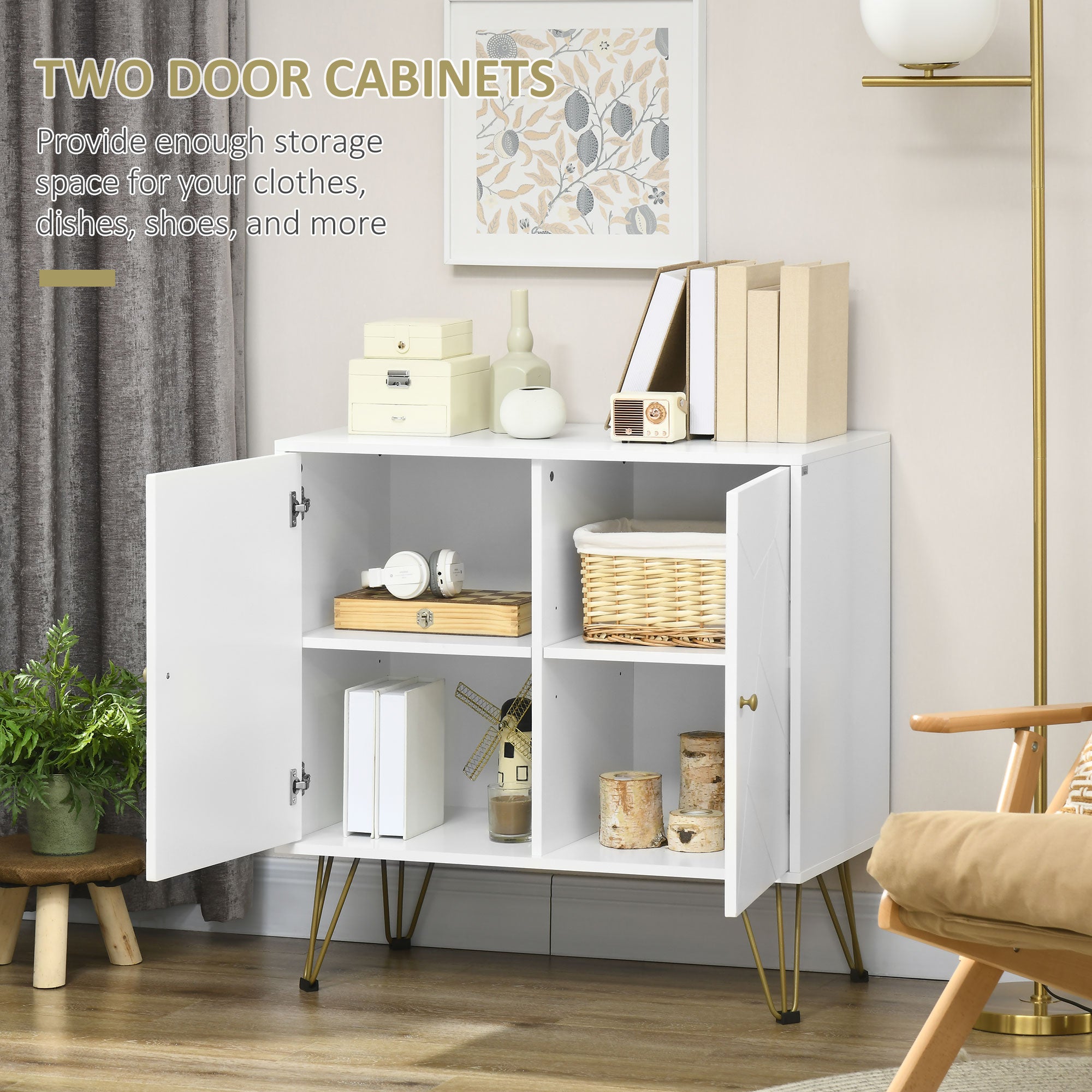 HOMCOM Modern Storage Cabinet with Golden Hairpin Legs, Freestanding Sideboard with Adjustable Shelves for Living Room, Dining Room, Hallway, White