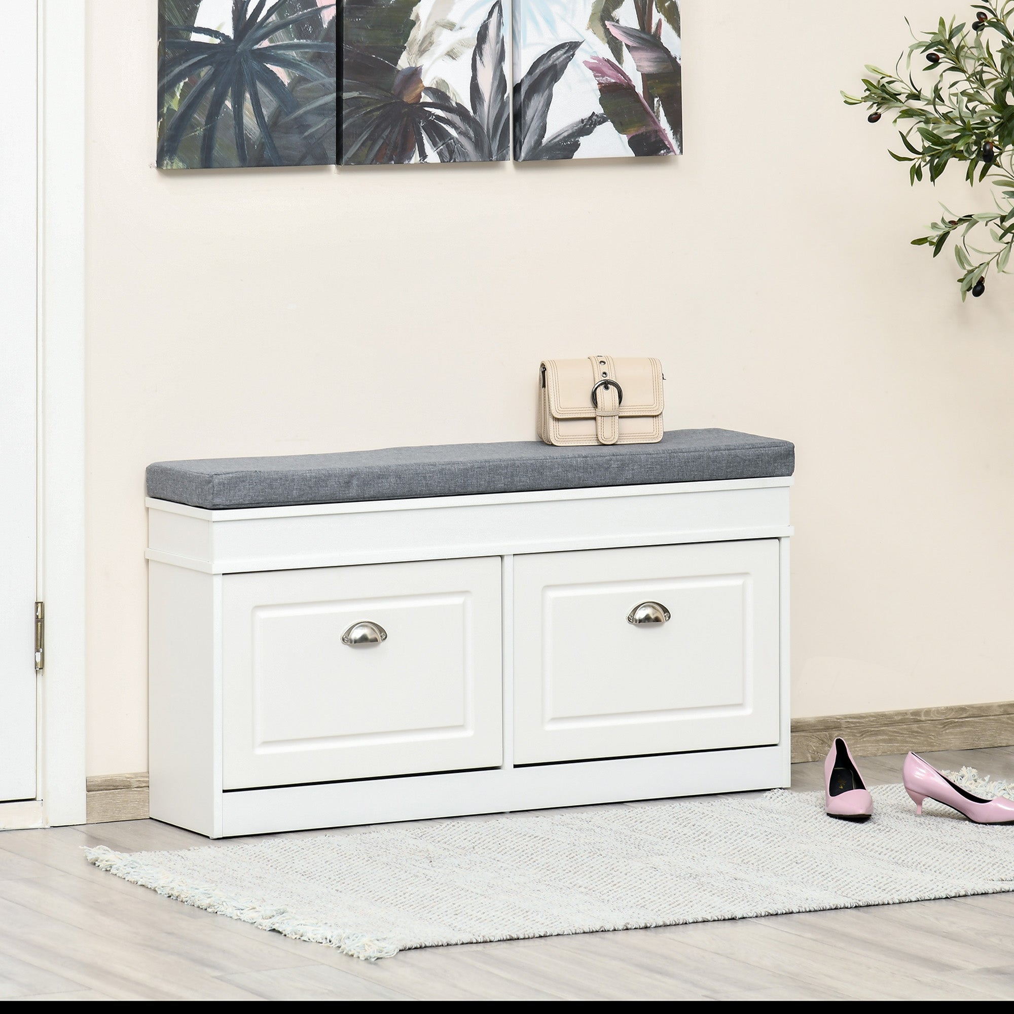 Modern Shoe Storage Bench w/ Cushion & 2 Drawers, Entryway Bench, Holds 8 Pairs, White - HOMCOM