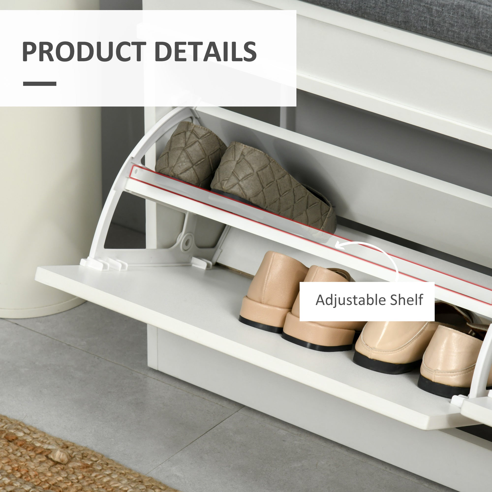 Modern Shoe Storage Bench w/ Cushion & 2 Drawers, Entryway Bench, Holds 8 Pairs, White - HOMCOM