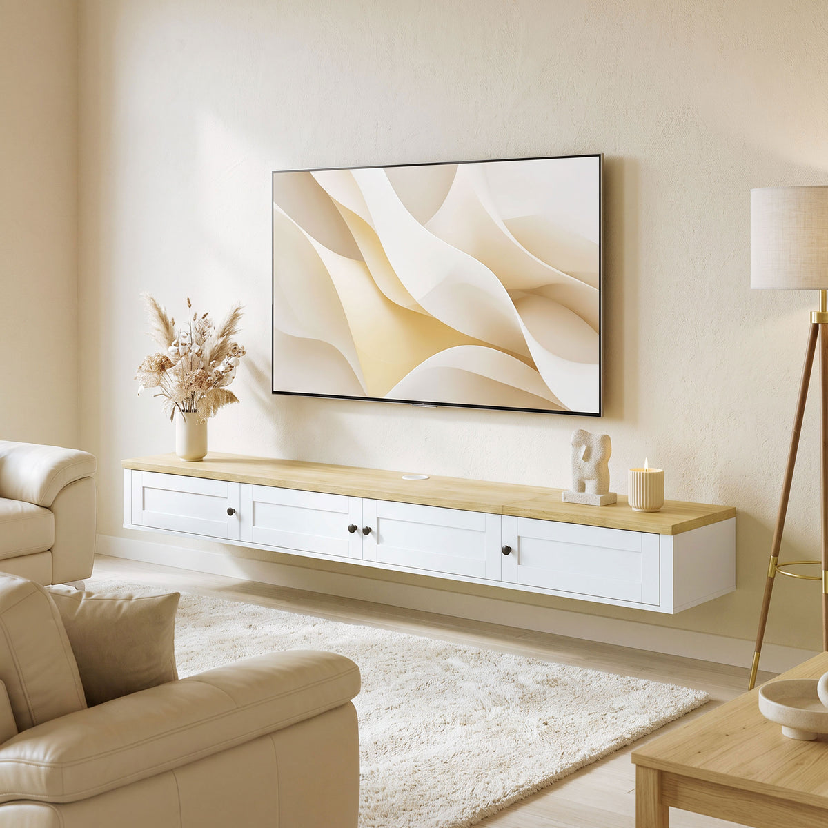 Floating TV Stand for TVs up to 82 Inch, Modern Wall Mounted Media Console with Power Outlets, Entertainment Center with Storage Shelves for Living Room, Bedroom, White