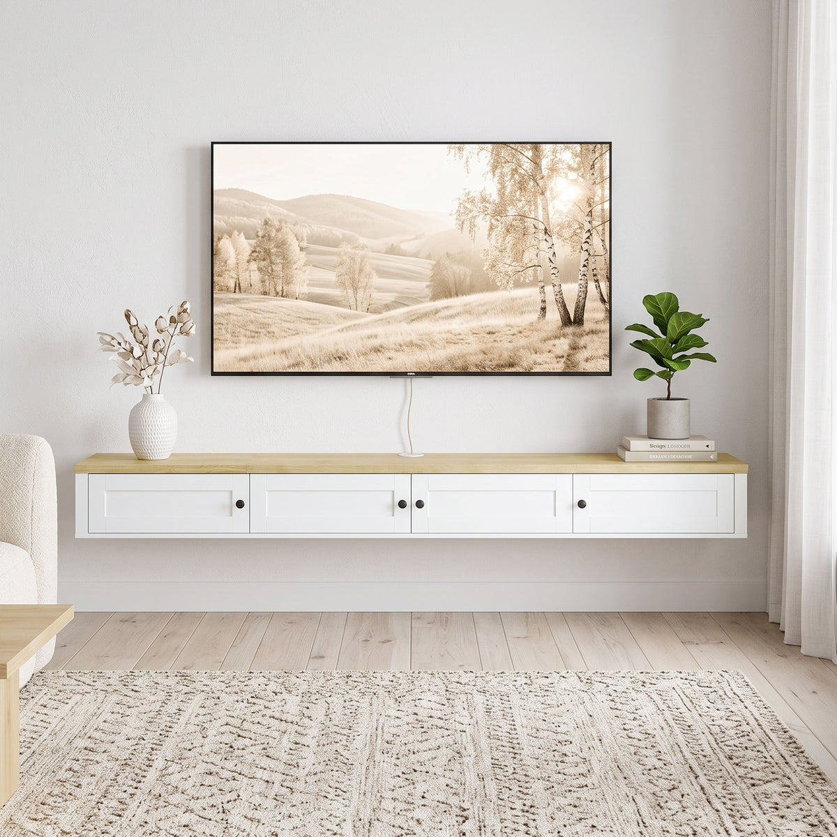 Floating TV Stand for TVs up to 82 Inch, Modern Wall Mounted Media Console with Power Outlets, Entertainment Center with Storage Shelves for Living Room, Bedroom, White