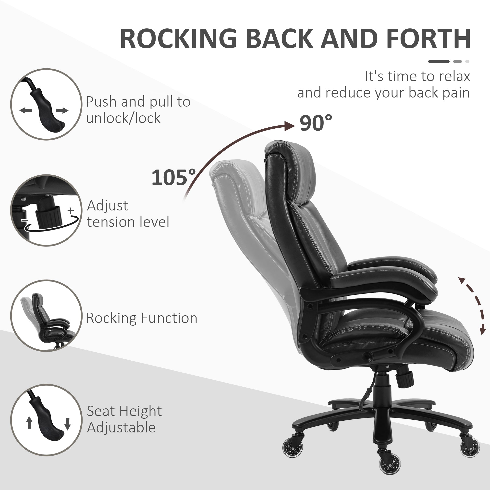 Big and Tall Office Chair w/ PU Leather & Swivel Wheels, up to 400 lbs, Black