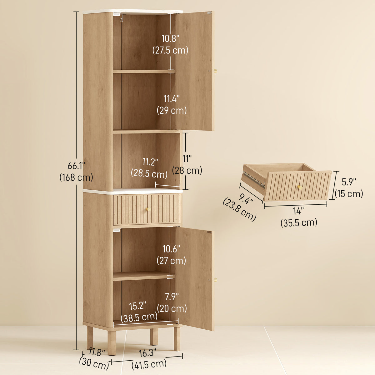 66" Tall Bathroom Cabinet, Freestanding Slim Bathroom Storage Cabinet with Silent-Glide Drawer, Adjustable Shelves, 2 Cupboards and Groove Doors, Oak Wood Effect