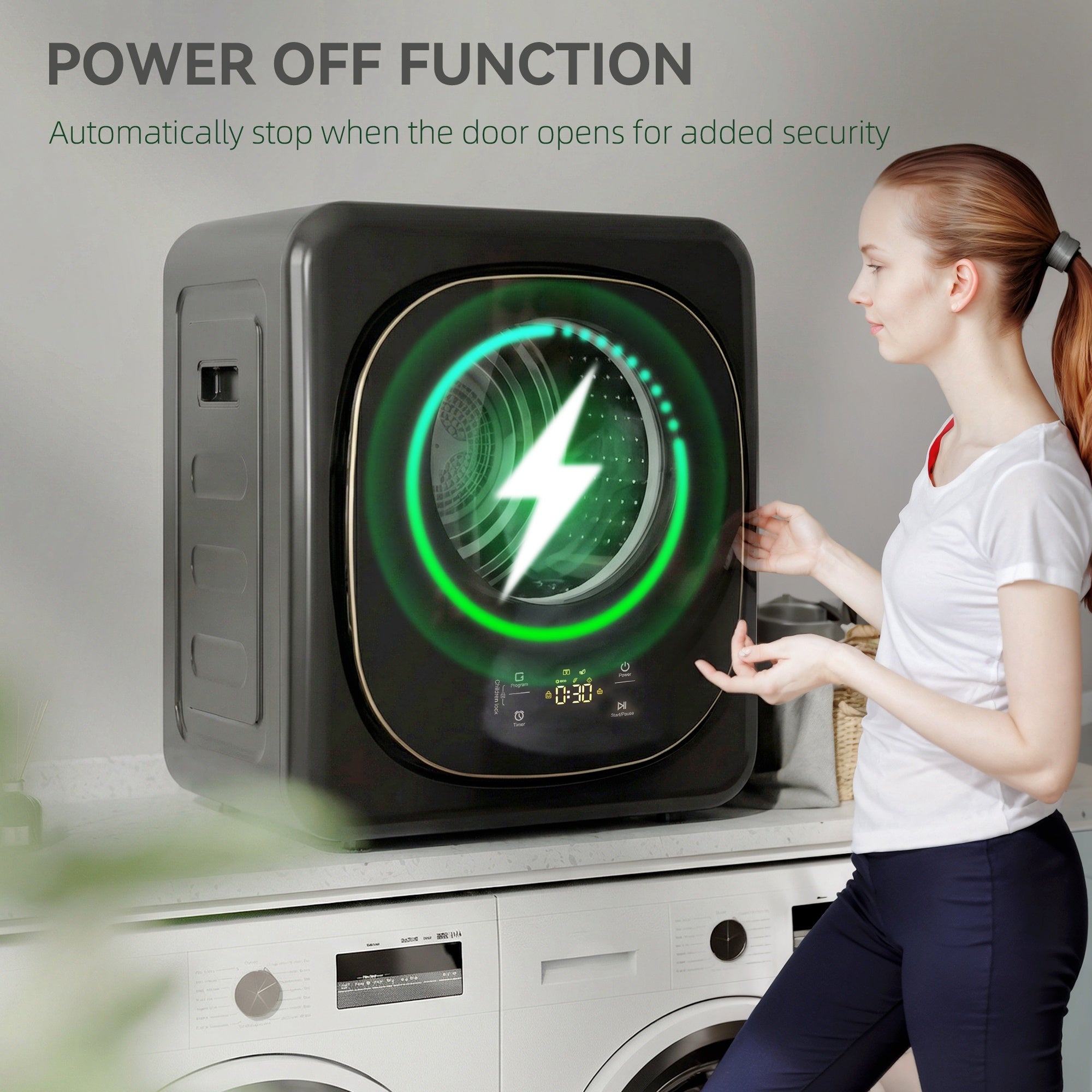 4kg Vented Tumble Dryer, 800W Compact Freestanding Front Tumble Dryer with 5 Drying Mode, Smart Sensor, Timer and Stainless Steel Tub, Wall-Mounted Portable Small Clothes Drying Machine, Black