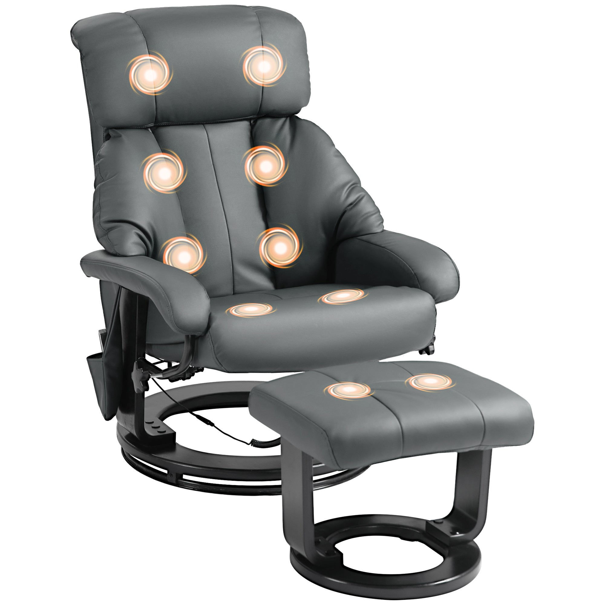 Massage Recliner Chair with Ottoman, 360° Swivel Recliner and Footstool, 10-Point Vibration, PU Leather Reclining Chair with Remote Control, Gray