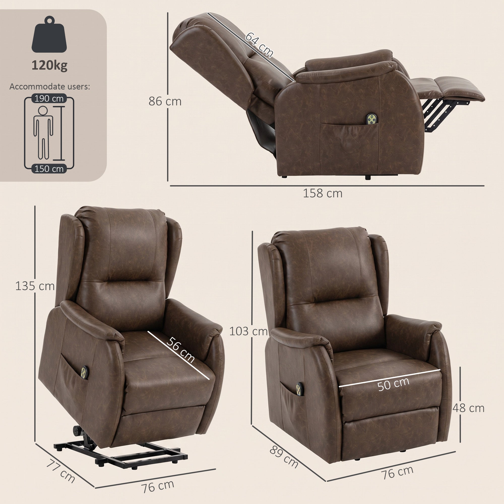 Dual Motor Power Lift Recliner Chair, Electric Lift Chair for Elderly, Faux Leather Riser and Reclining Armchair with Remote Control, Side Pockets, for Living Room, Brown