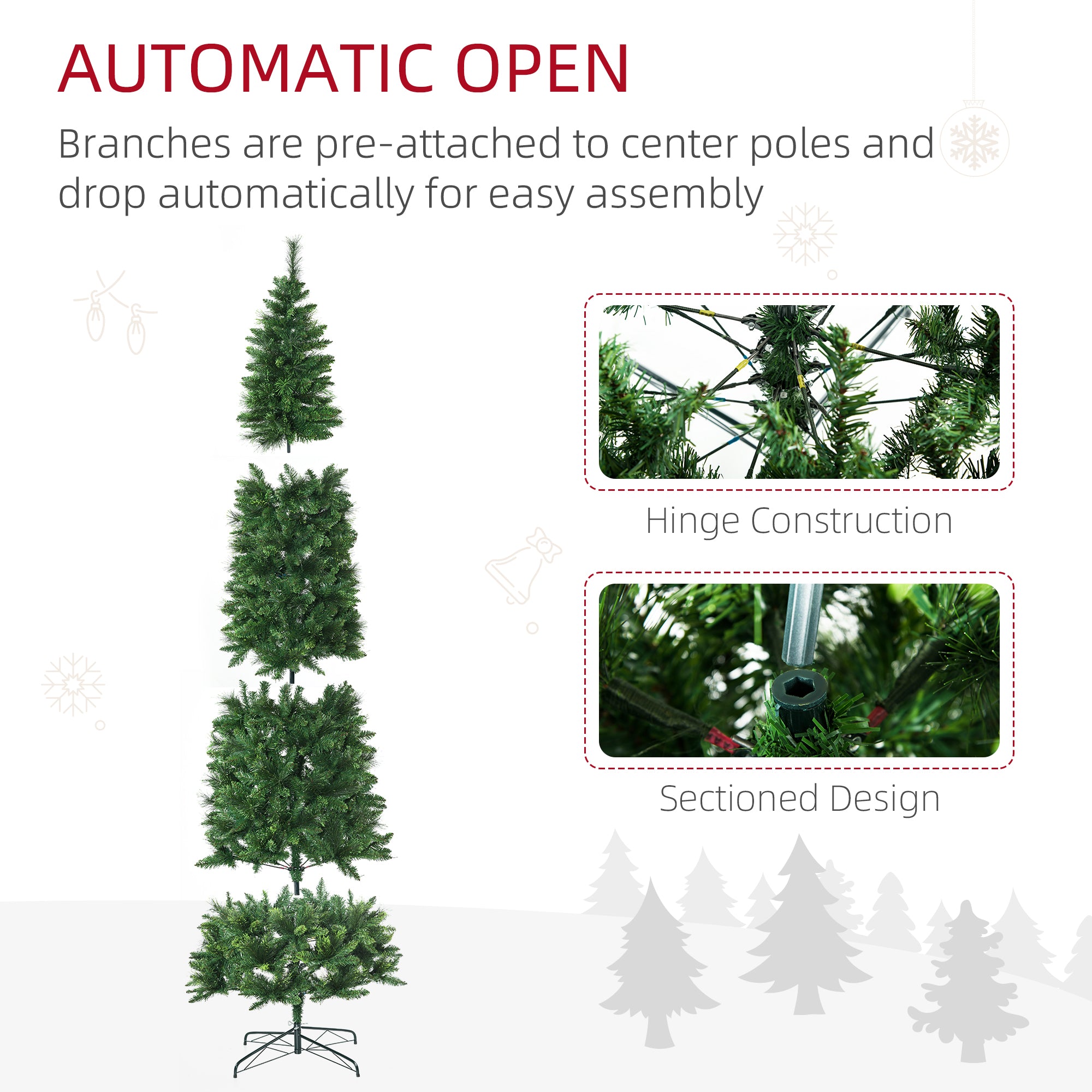 9ft Tall Pencil Artificial Christmas Tree Holiday Décor with 1298 Branches, Auto Open, Steel Base, Pine Needles, Green