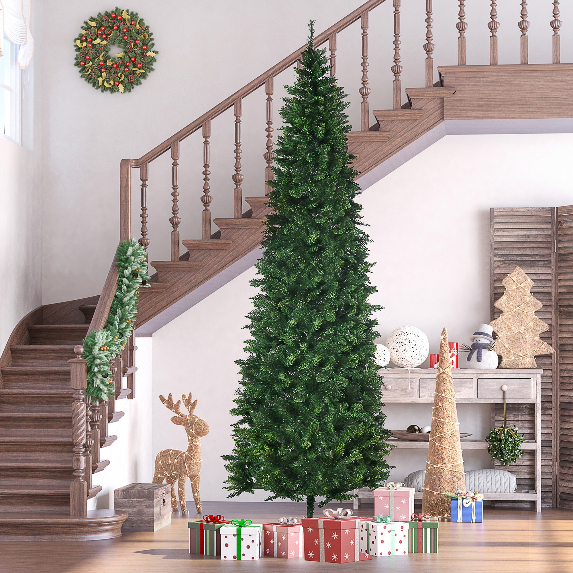 9ft Tall Pencil Artificial Christmas Tree Holiday Décor with 1298 Branches, Auto Open, Steel Base, Pine Needles, Green