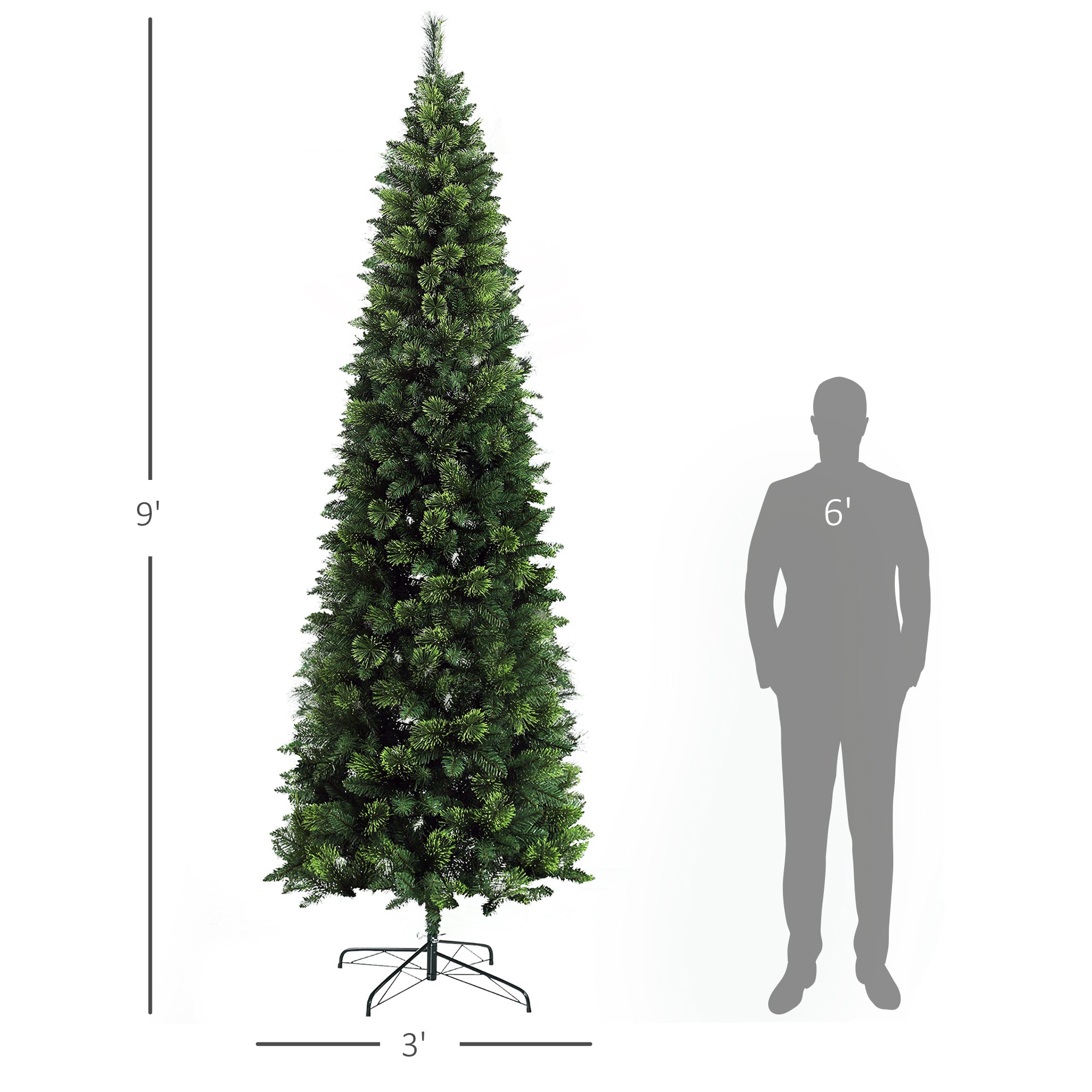 9ft Tall Pencil Artificial Christmas Tree Holiday Décor with 1298 Branches, Auto Open, Steel Base, Pine Needles, Green