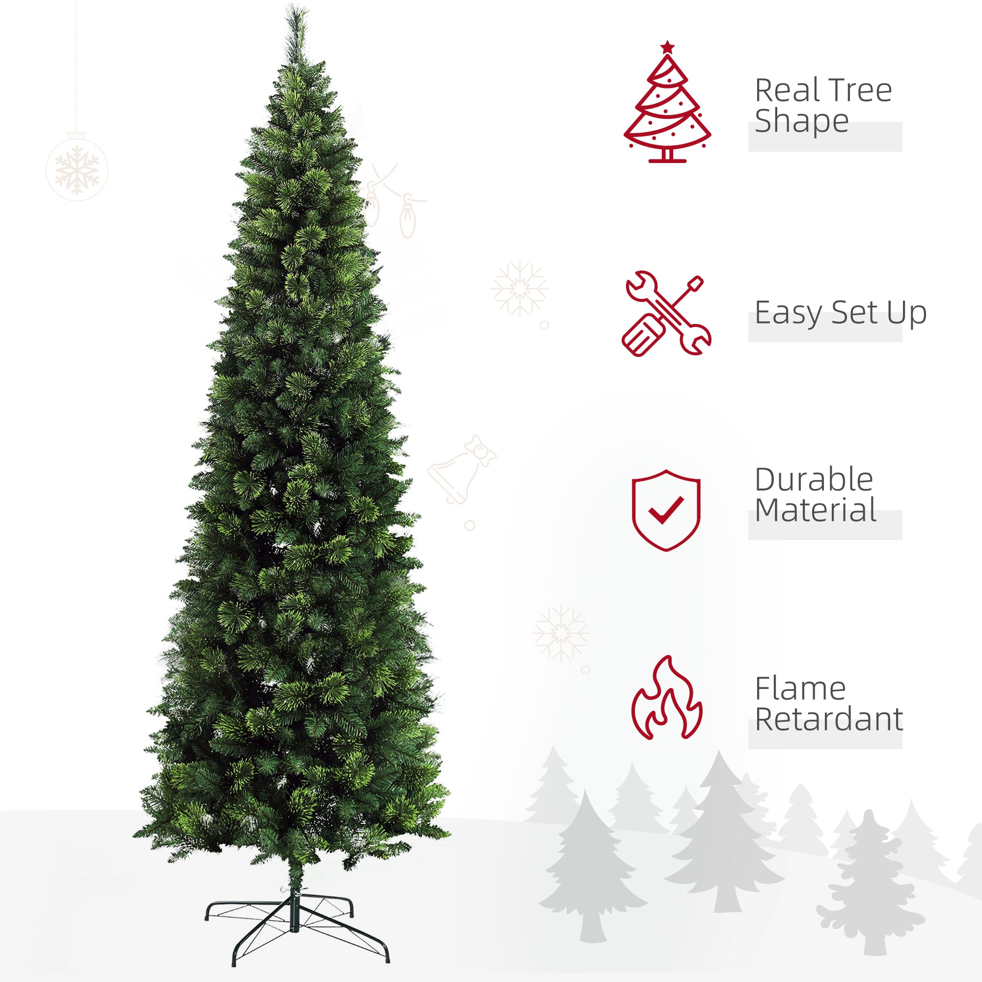 9ft Tall Pencil Artificial Christmas Tree Holiday Décor with 1298 Branches, Auto Open, Steel Base, Pine Needles, Green