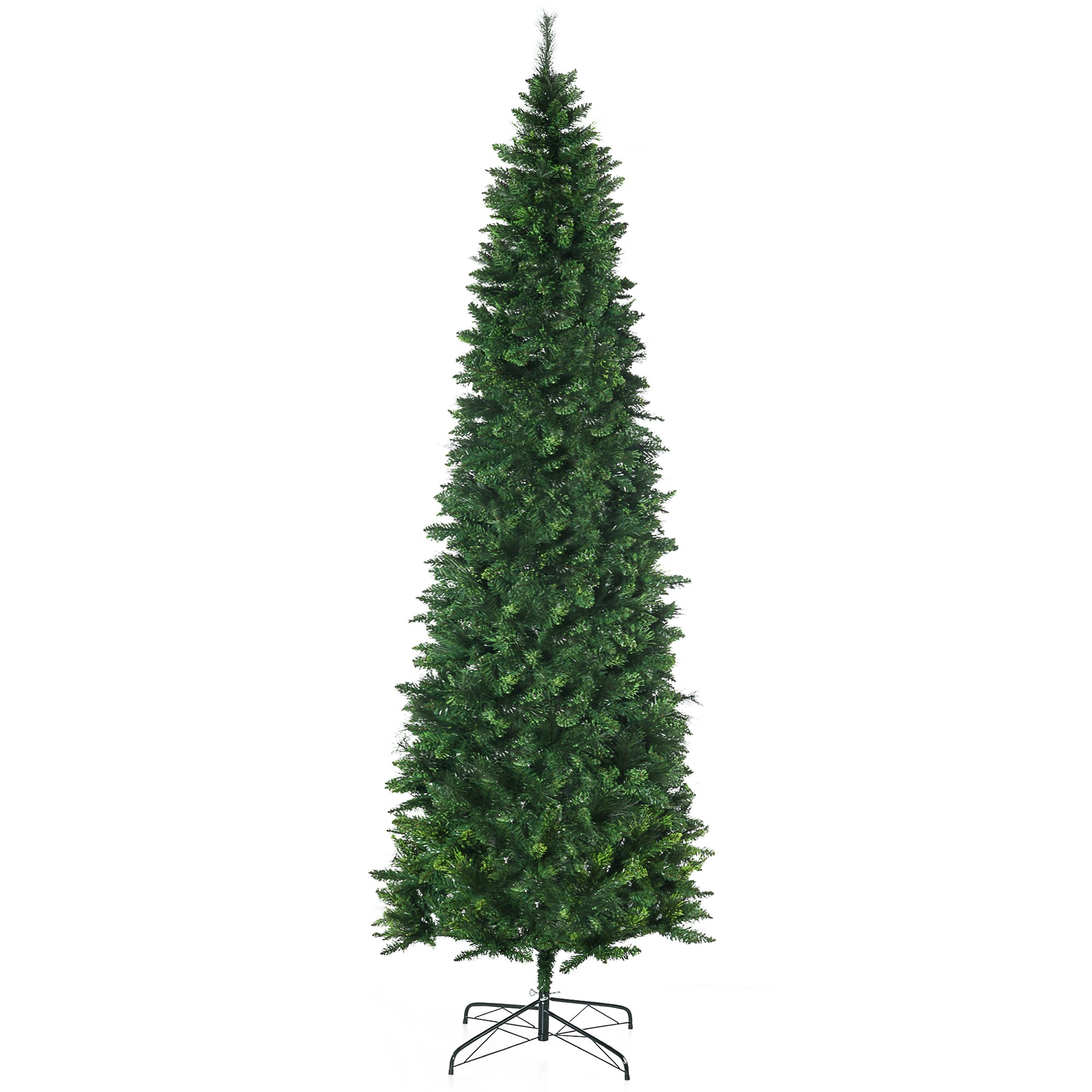 9ft Tall Pencil Artificial Christmas Tree Holiday Décor with 1298 Branches, Auto Open, Steel Base, Pine Needles, Green