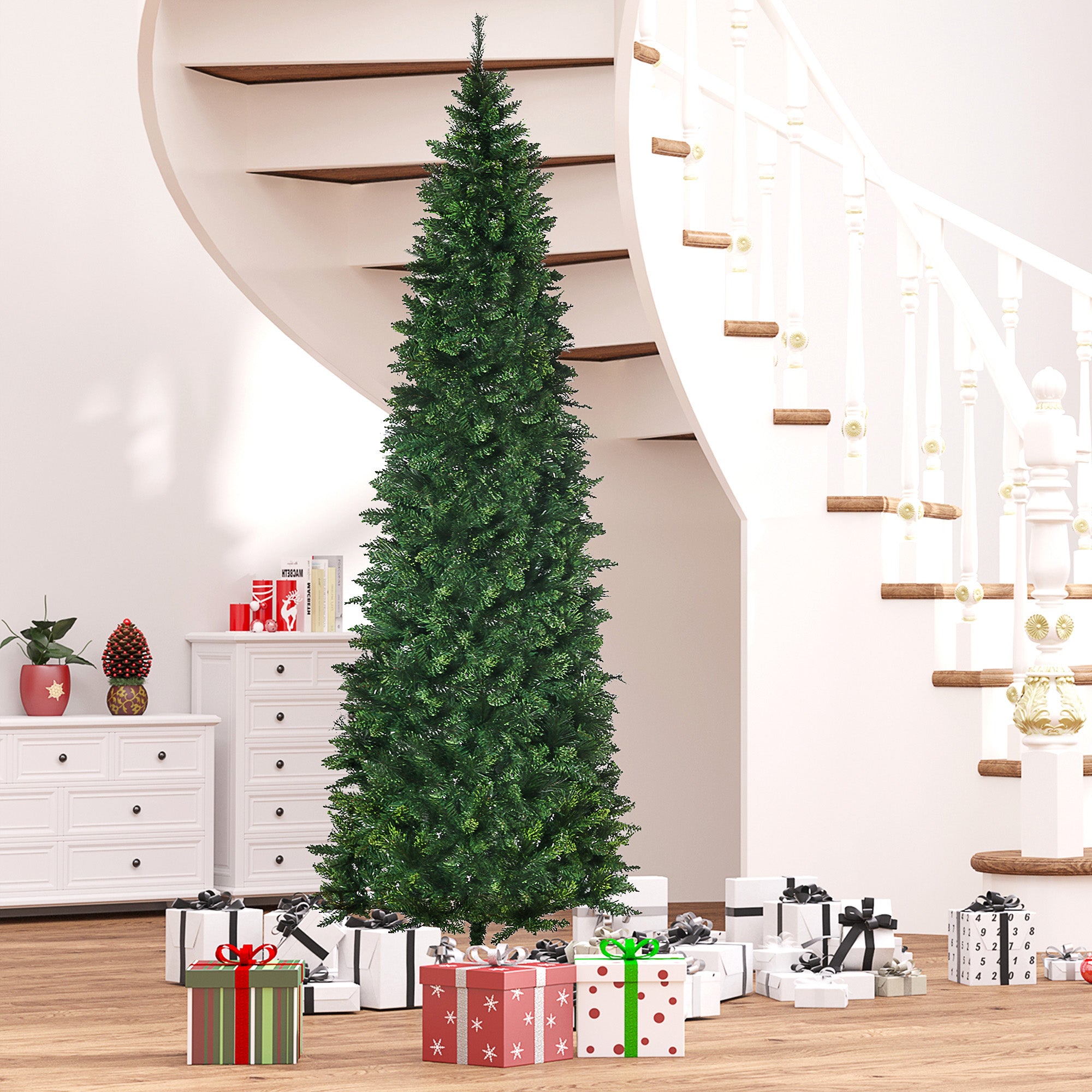 9ft Tall Pencil Artificial Christmas Tree Holiday Décor with 1298 Branches, Auto Open, Steel Base, Pine Needles, Green