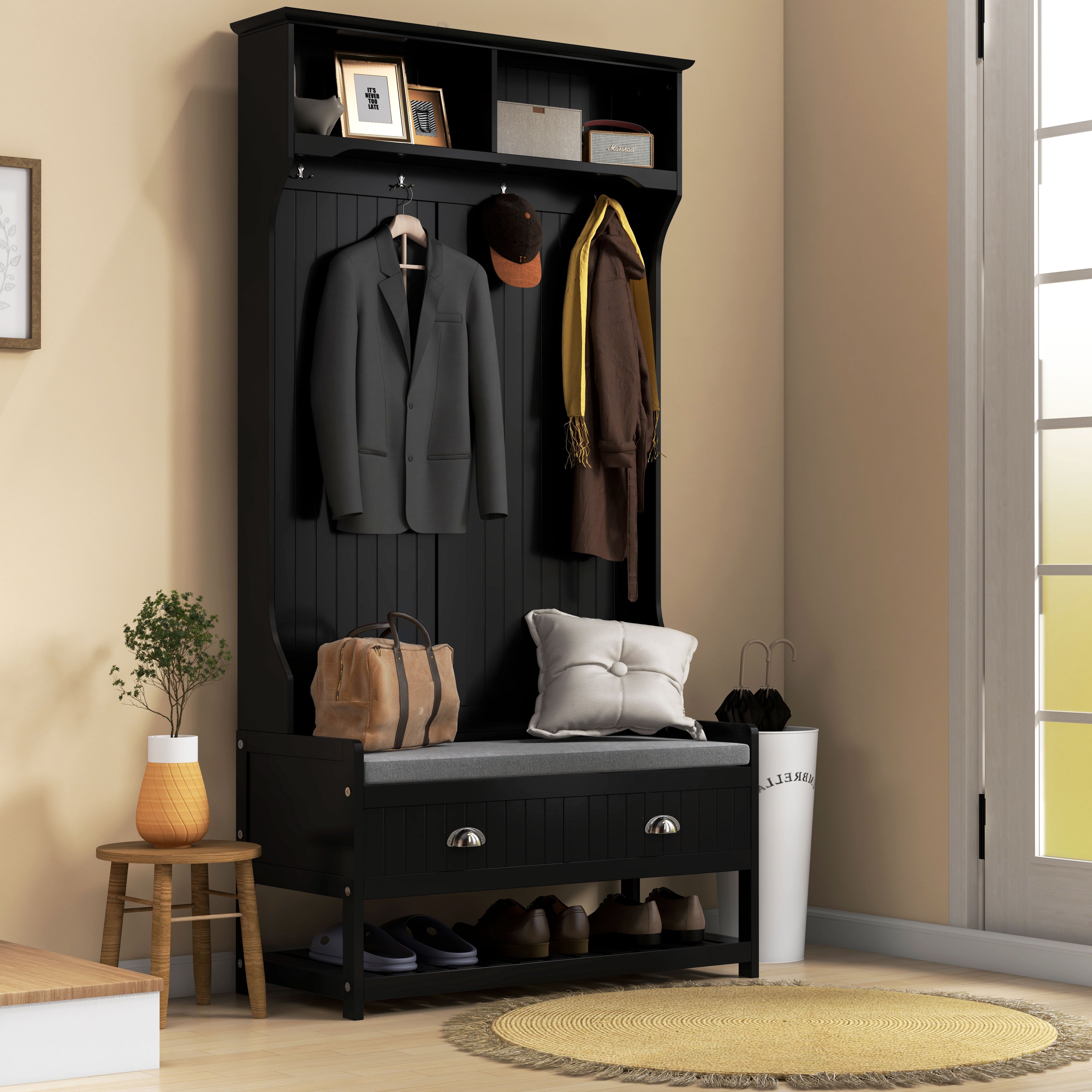 3-in-1 Hall Tree, Entryway Bench w/ Coat Rack, 2 Drawers, 4 Hooks & Padded Seat, Black