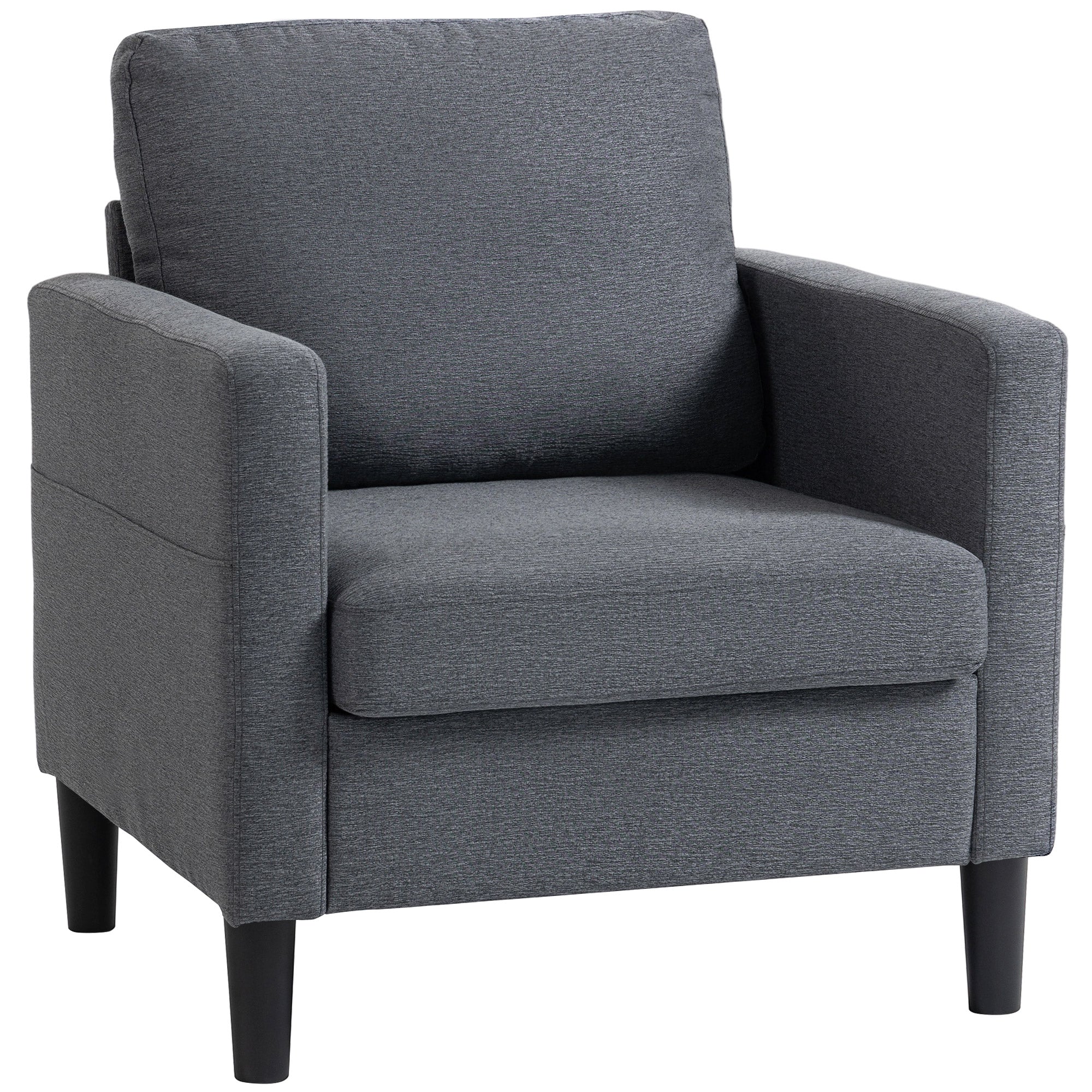 Linen-Feel Fabric Accent Chair, Modern Armchair, Living Room Chair with Armrests and Thick Padded Seat, Upholstered Single Sofa for Living Room, Bedroom, Study, Dark Grey
