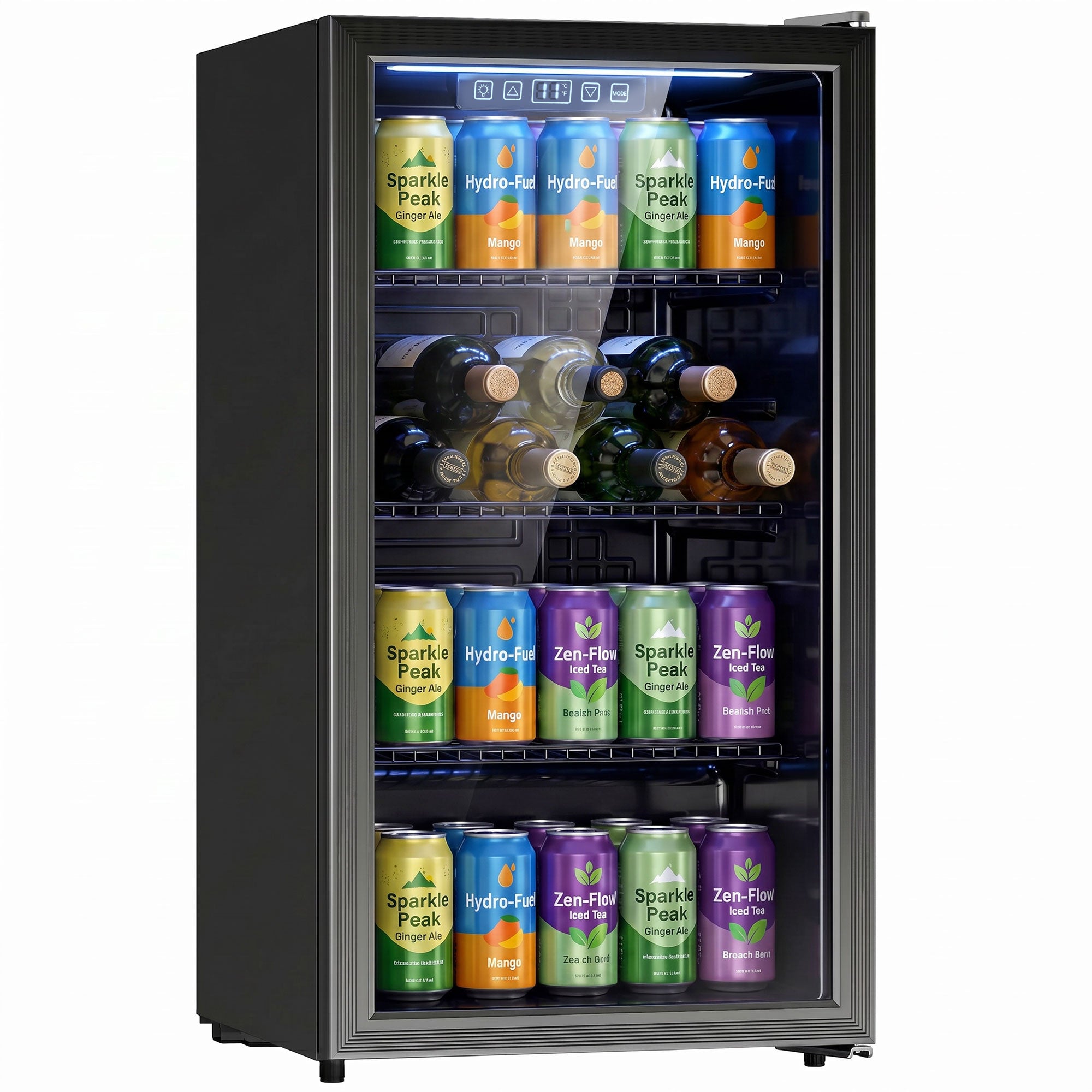 90L Drinks Fridge, 139 Can Under Counter Freestanding Beer Fridge with Double-Layer Glass Door, Wine Cooler with LED Light, Adjustable Shelves, Beverage Cooler for Soda Beer, Home Office